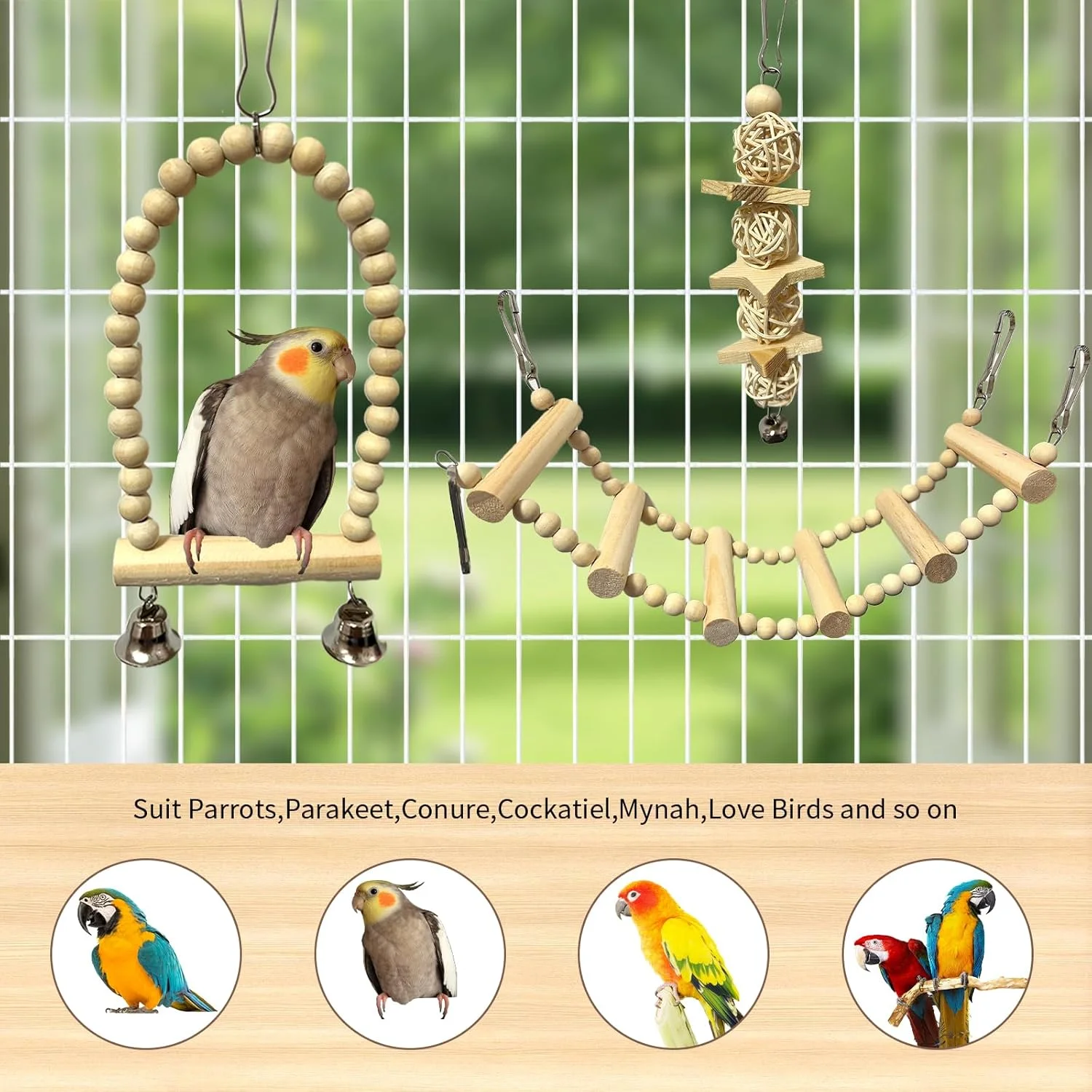 اسباب بازی های تاب پرنده، بسته 9 عددی اسباب بازی های جویدنی آویزان طوطی، نردبان های صعودی تاب، اسباب بازی های قفس پرندگان چوبی برای عروس هلندی، کانور، طوطی های کوچک، ماکائو، پاراکیت، فنچ، مرغ عشق، پرندگان عشق