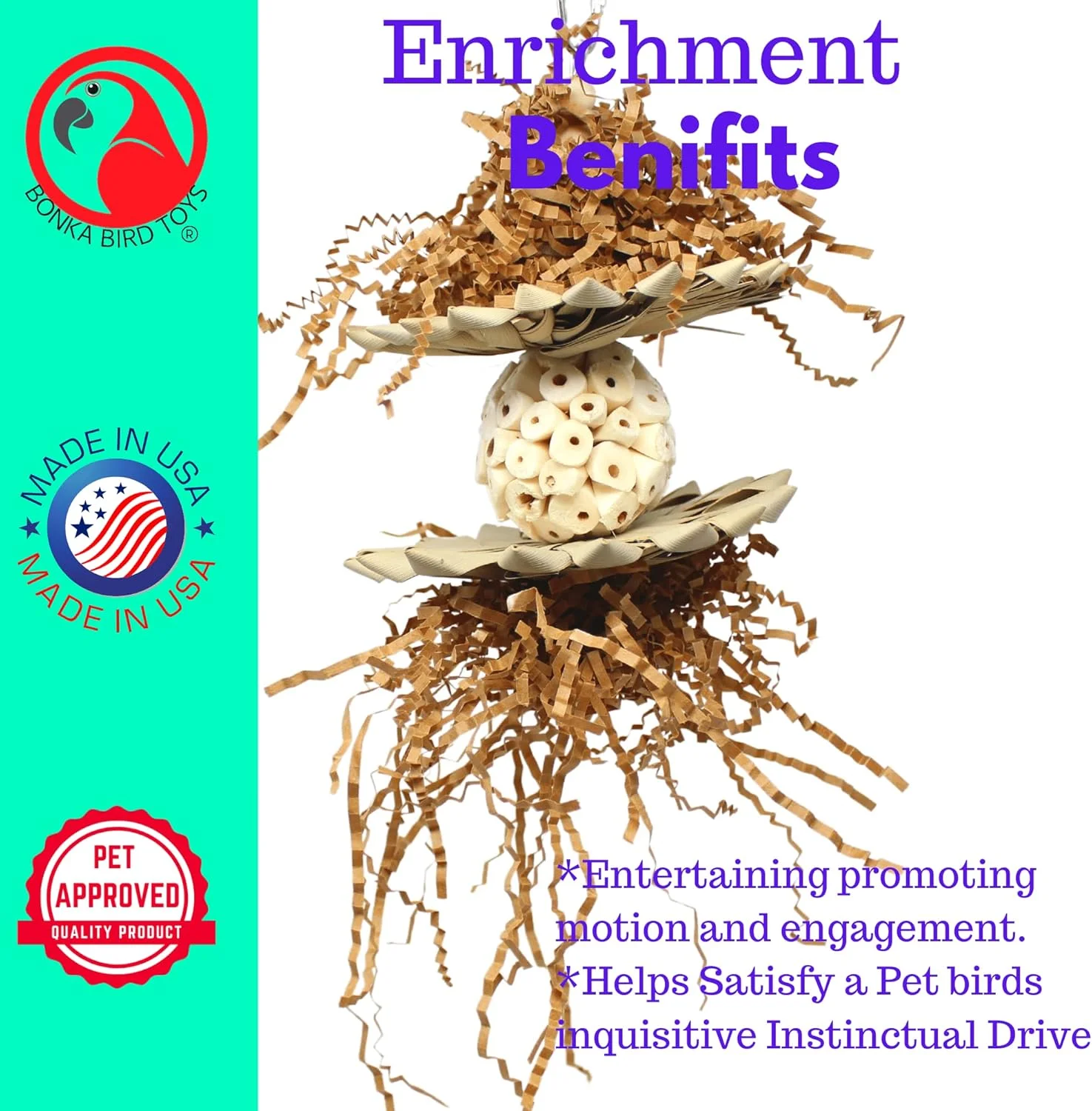 اسباب بازی پرنده بونکا 3611 Crazy Sola، اسباب بازی طبیعی متوسط برای پرندگان، مناسب برای کانور، آمازون و خاکستری آفریقایی