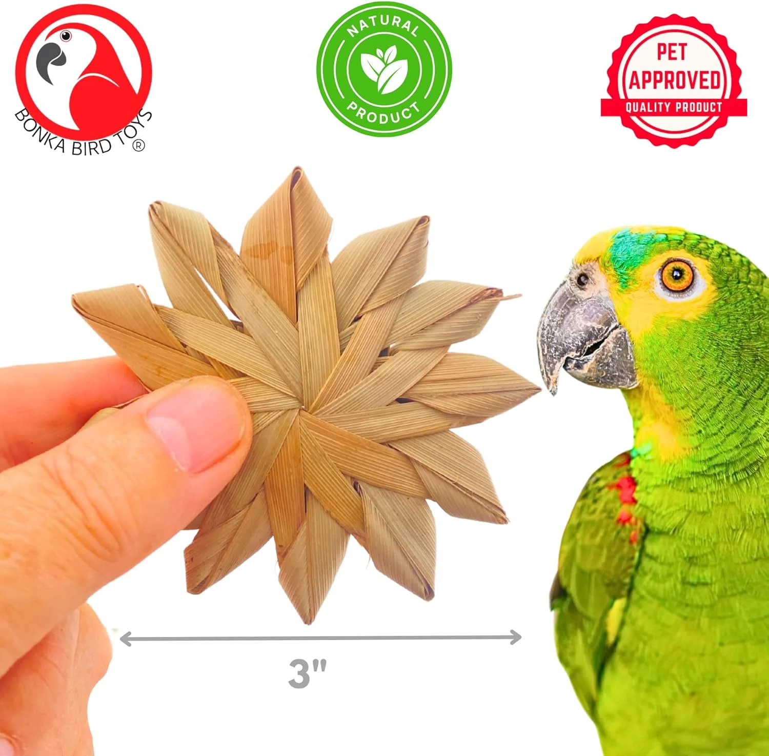 اسباب بازی پرنده بونکا، 3 عدد گل برگ نخل طبیعی، اسباب بازی طوطی، جستجوی غذا، قطعه کاردستی پا، قفس ناخن