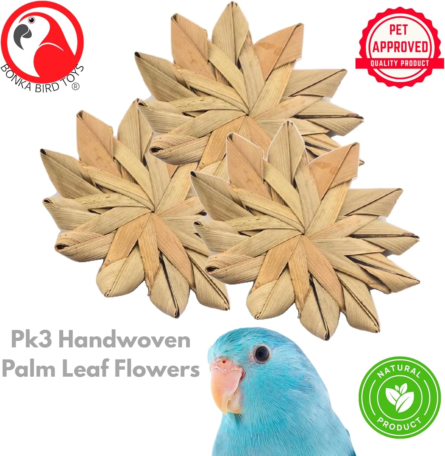 اسباب بازی پرنده بونکا، 3 عدد گل برگ نخل طبیعی، اسباب بازی طوطی، جستجوی غذا، قطعه کاردستی پا، قفس ناخن