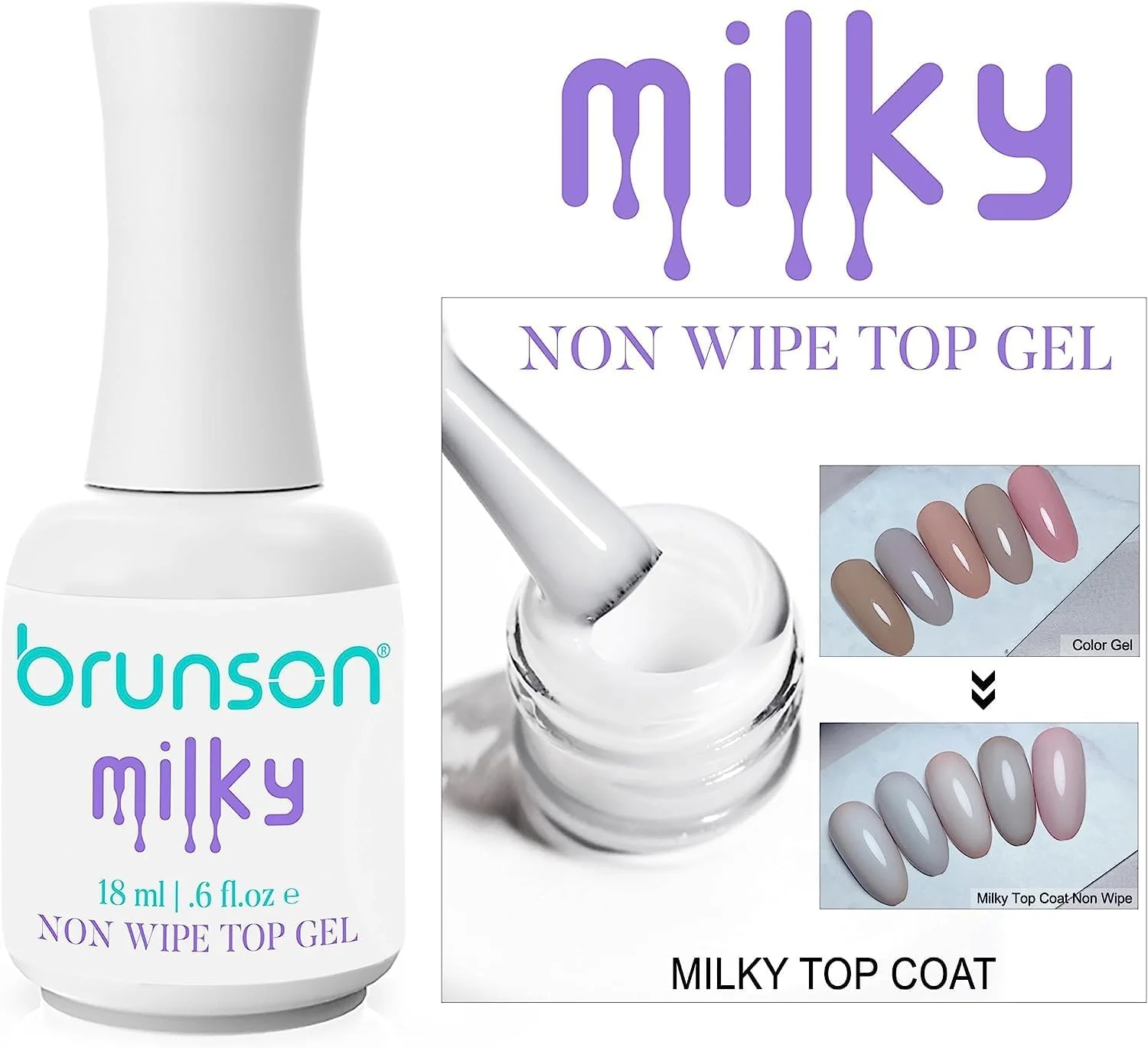 لاک ژل تاپ کت شیری برانسون، لاک ژل تاپ کت 18 میلی لیتر، لاک ژل تاپ کت بدون پد LED/UV، ست لاک ژل