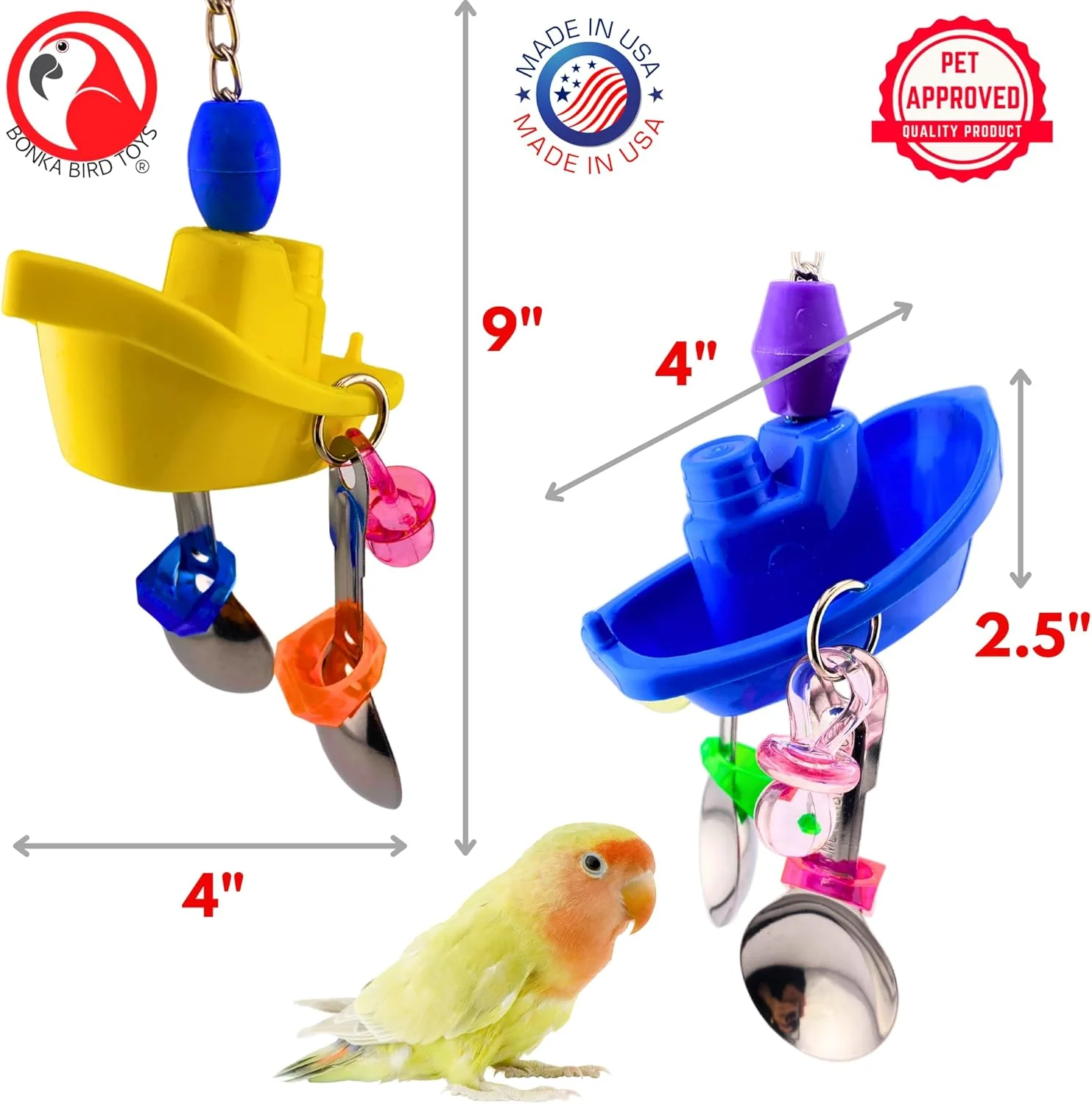 اسباب بازی پرندگان بونکا مدل 3653 قایق یدک کش پلاستیکی رنگارنگ استیل ضد زنگ حلقه اکریلیک مناسب طوطی کوتوله، عروس هلندی، مرغ عشق، فنچ، کوآکر، قناری و پاراکیت