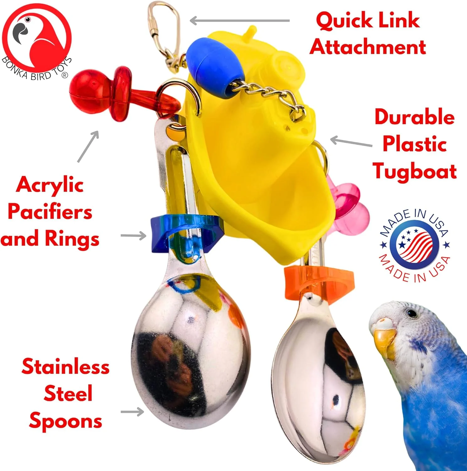 اسباب بازی پرندگان بونکا مدل 3653 قایق یدک کش پلاستیکی رنگارنگ استیل ضد زنگ حلقه اکریلیک مناسب طوطی کوتوله، عروس هلندی، مرغ عشق، فنچ، کوآکر، قناری و پاراکیت
