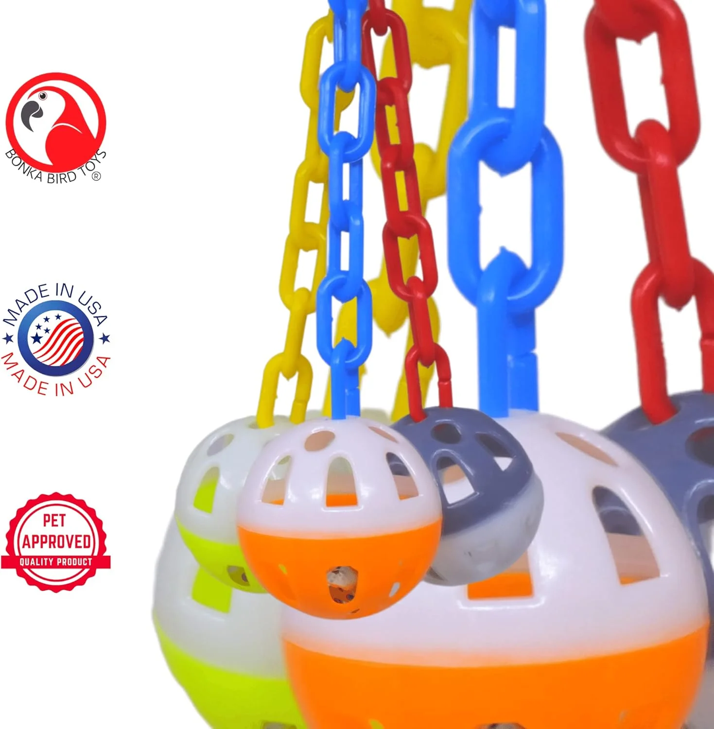 اسباب بازی پرنده بونکا مدل 1467 Ball Clanger، پلاستیکی، رنگارنگ، جغجغه ای، مناسب قفس طوطی، طوطی کوتوله، مرغ عشق، باجریگار و نژادهای مشابه