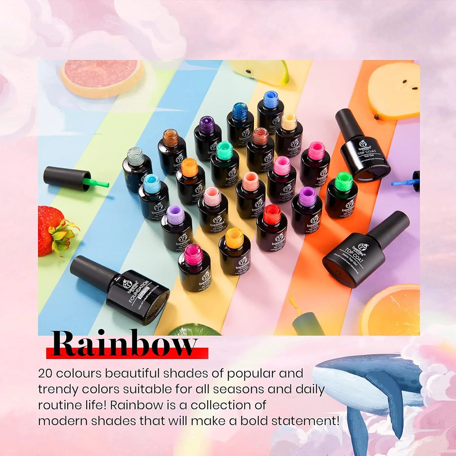 ست لاک ژل 20 رنگ beetles با تاپ کت براق و مات و بیس کت 3 عددی، مجموعه رنگ های ترند تابستان 2023 شامل صورتی، قرمز، آبی، بنفش و اکلیلی، مناسب استفاده در دستگاه UV برای دختران و بانوان