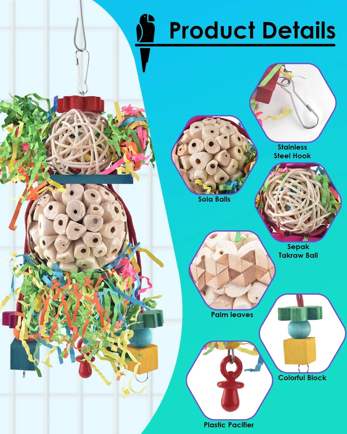 بیساپ اسباب بازی های کانور، 2 عدد اسباب بازی آویز خردکننده طوطی سانان، توپ های سولا سپک تاکراو با زنگوله برای طوطی های کوچک، مرغ عشق، کانور، عروس هلندی، مرغ عشق، اسباب بازی قفس