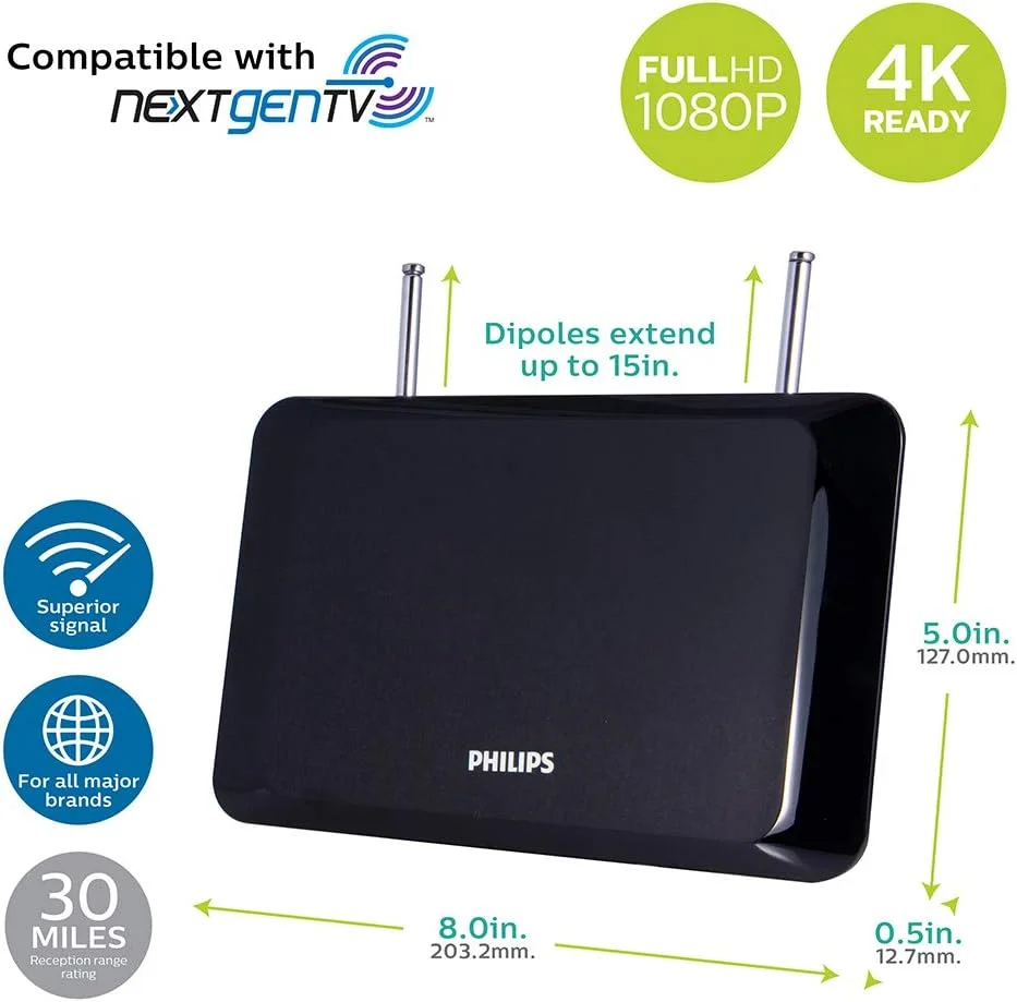 آنتن تلویزیون داخلی فیلیپس، دکوراسیون ایده آل منزل، دیجیتال، آنتن HDTV، سازگار با تلویزیون هوشمند، 4K 1080P VHF UHF، کابل کواکسیال 6 فوتی، دوقطبی، مشکی، SDV1227B/27 آنتن تلویزیون داخلی فیلیپس، دکوراسیون ایده آل منزل، دیجیتال، آنتن HDTV، سازگار با تلویزیون هوشمند، 4K 1080P VHF UHF، کابل کواکسیال 6 فوتی، دوقطبی، مشکی، SDV1227B/27