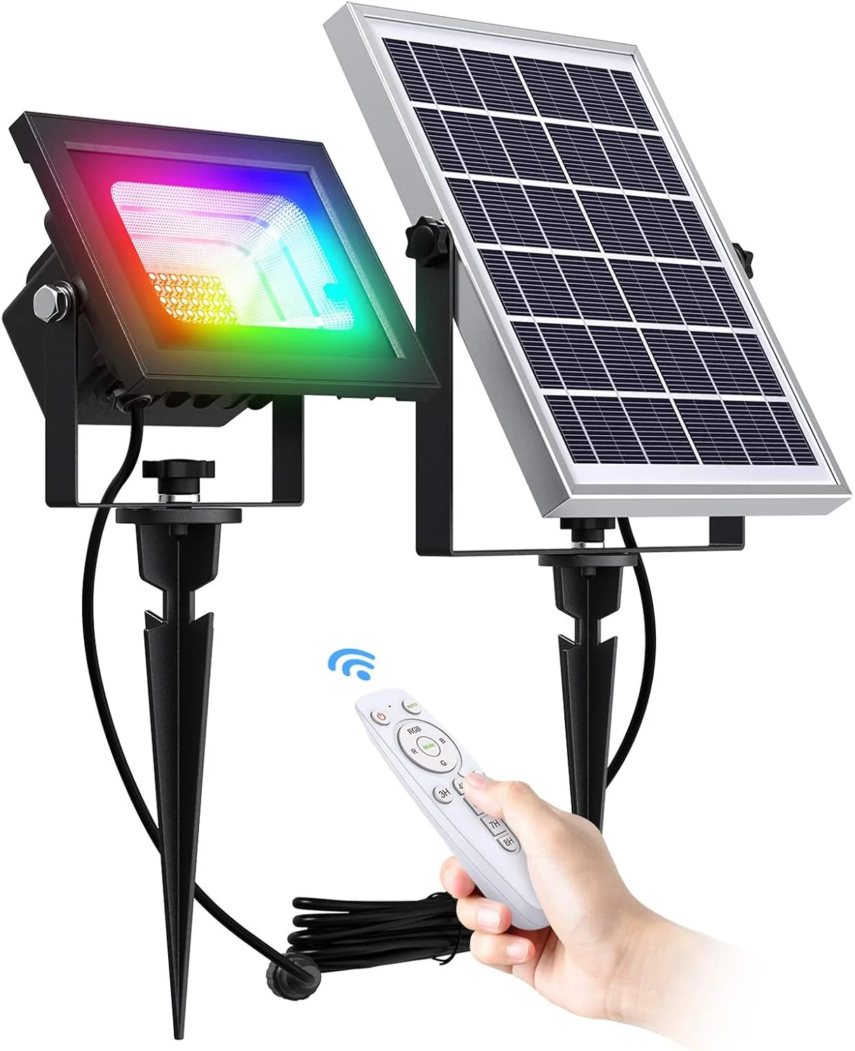 چراغ های خورشیدی RGB SunBonar، نورافکن خورشیدی بیرونی، 7 رنگ تکی و چراغ های نقطه ای خورشیدی تغییر رنگ با کنترل از راه دور، 60LED IP65 ضد آب، نور منظره برای چمن/پاسیو/درخت/حیاط/باغ