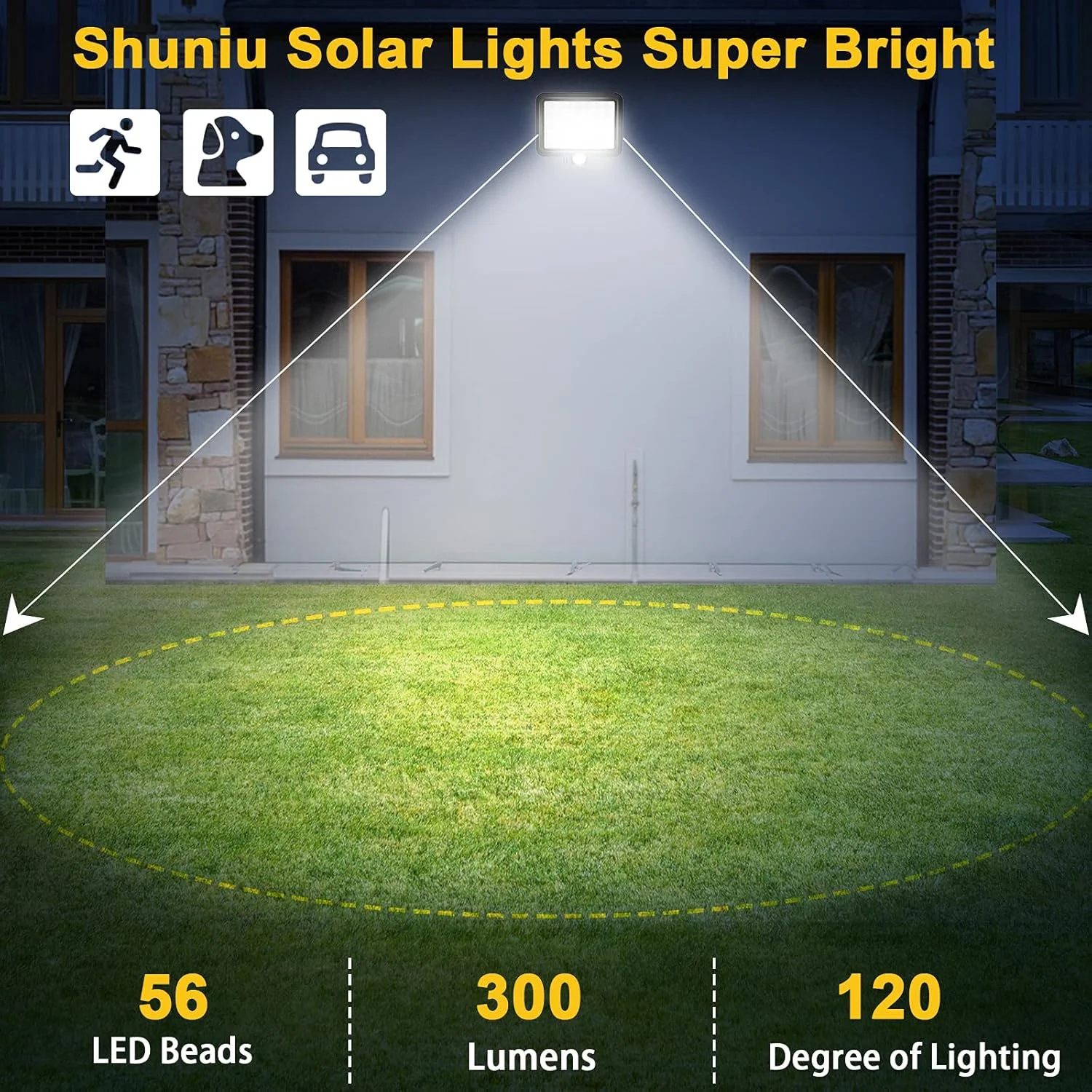 چراغ دیواری خورشیدی شونیو با حسگر حرکتی، 56 LED فوق العاده روشن IP65 ضد آب، چراغ ایوانی خورشیدی جداشدنی، چراغ امنیتی خورشیدی با سیم 5 متری برای حیاط، پاسیو، عرشه، گاراژ، راهرو، ایوان و حصار