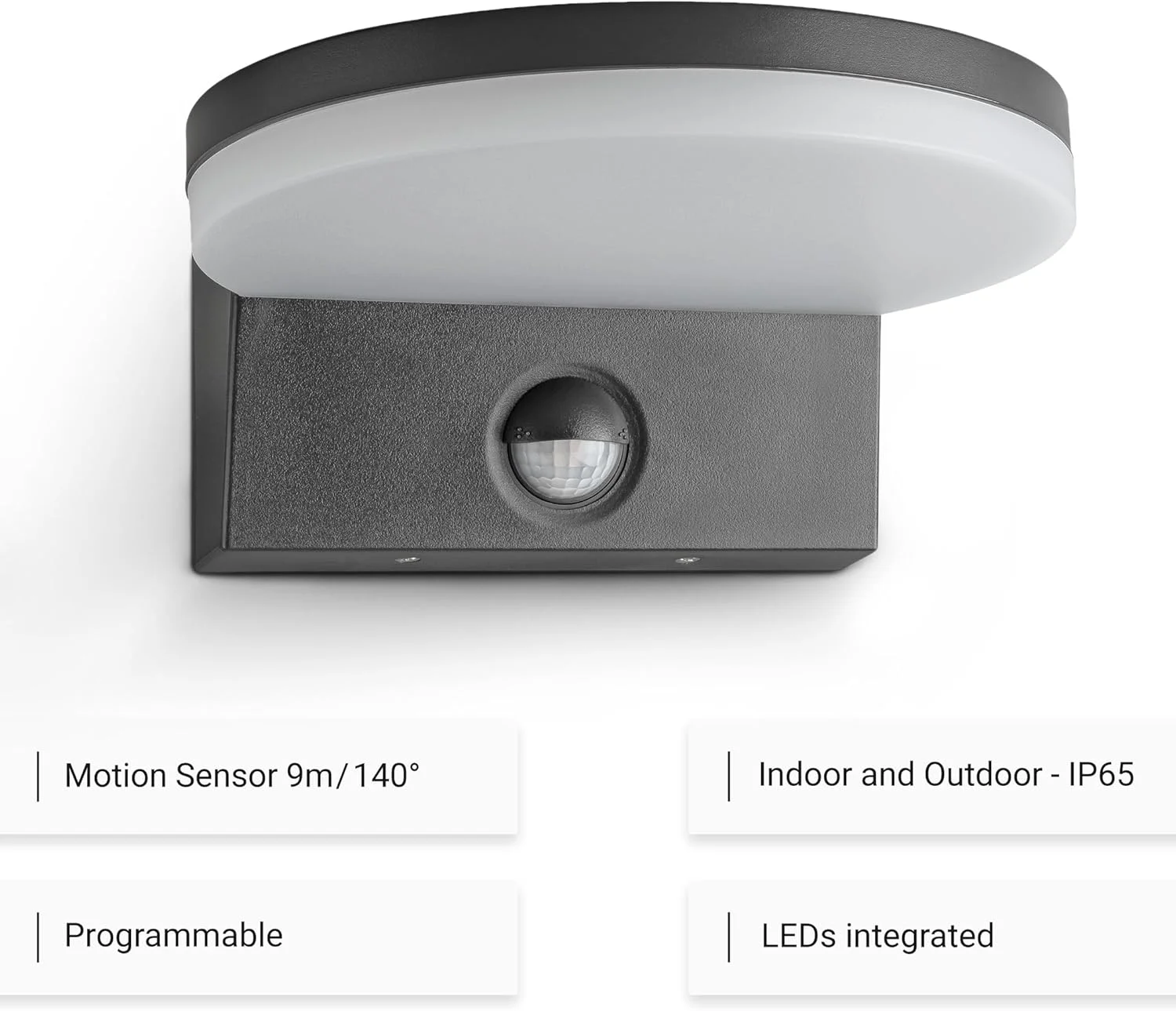چراغ LED فضای باز SEBSON با سنسور حرکتی 9 متر/140 درجه - روشنایی فضای باز آنتراسیت 15 وات 1300 لومن 5800 کلوین - چراغ دیواری IP65