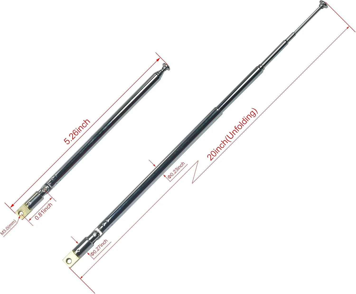 یک جفت آنتن رادیویی AM FM جهانی، طول 51 سانتی متر، آنتن تلسکوپی 6 قسمتی استیل ضد زنگ جایگزین برای رادیو و تلویزیون.