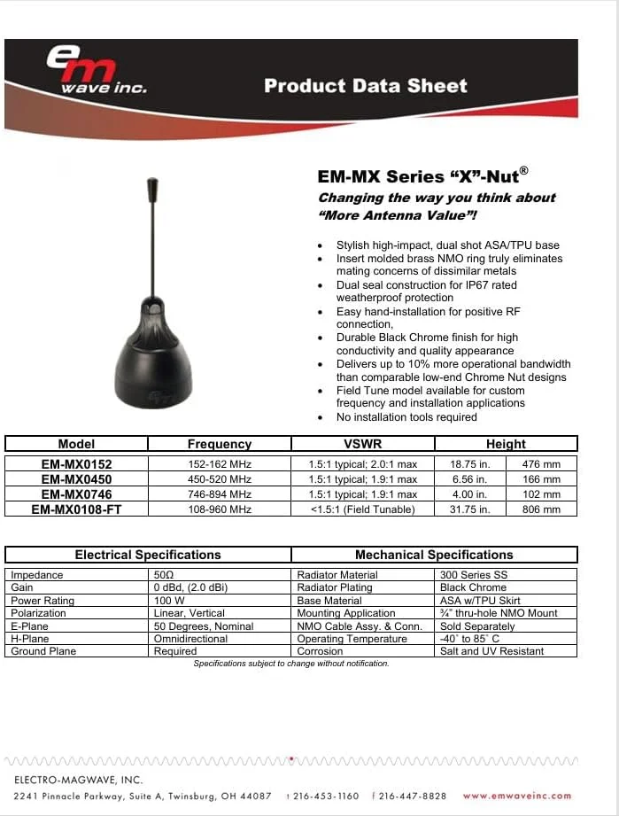 آنتن موج الکترومغناطیسی EM-MX0152 - X-Nut با استاندارد IP67 - 152-162 مگاهرتز - 2 dBi Quarterwave برای کاربردهای VHF-UHF، ایمنی عمومی و تلفن همراه - فروش توسط Cable Assemblies Now
