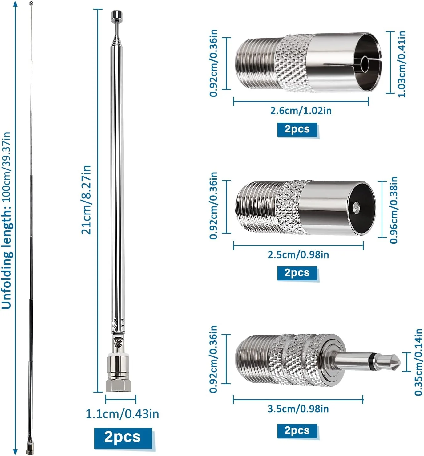 آنتن رادیویی تلسکوپی FM و DAB ووگنزک، 100 سانتی متری، 7 قسمتی، 75 اهم، آنتن داخلی DAB با کانکتور F-Type برای گیرنده استریو تلویزیون AM FM رادیو، سازگار با پاناسونیک یاماها انکیو دنون (2 عدد)