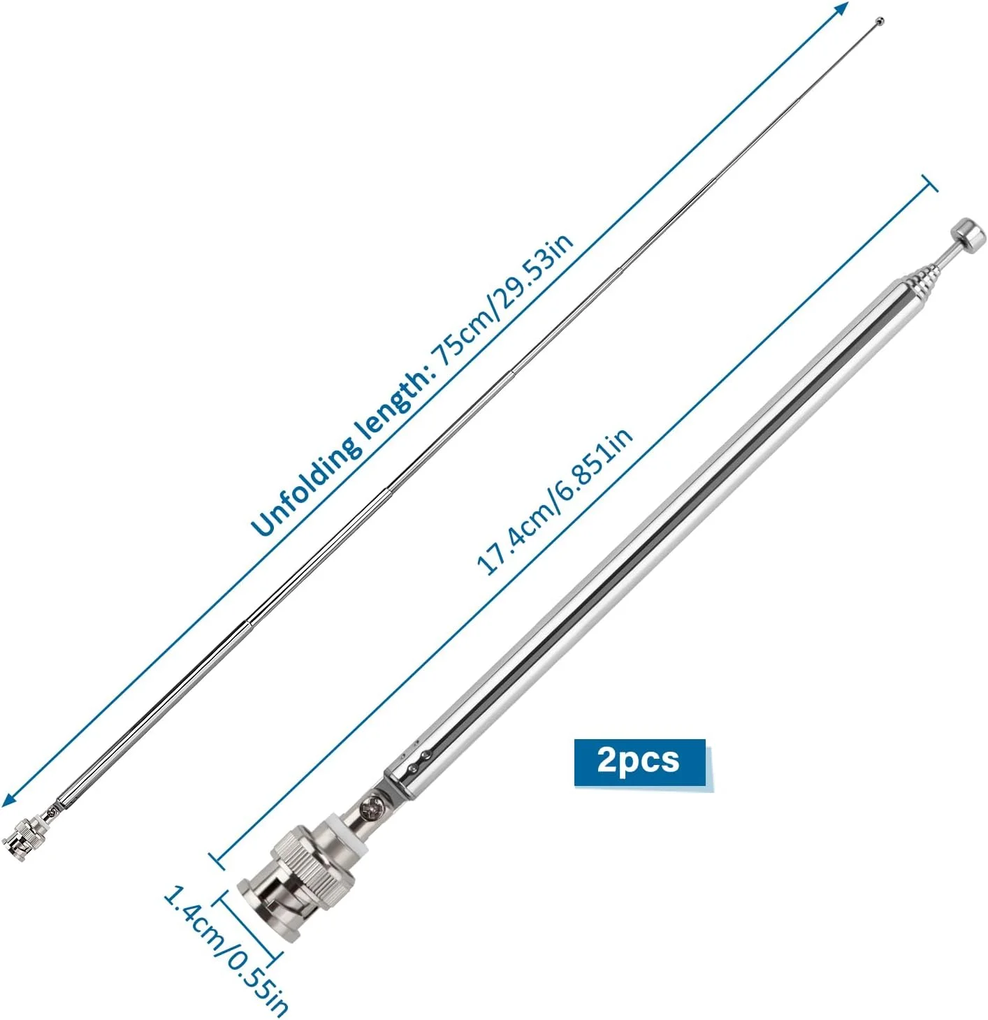 آنتن تلسکوپی رادیویی FM ووجنزک، 2 عددی، 75 سانتی متری، 7 قسمتی، آنتن تلسکوپی قابل حمل، آنتن تلسکوپی جایگزین با دوشاخه BNC برای گیرنده استریو DAB FM/AM تلویزیون