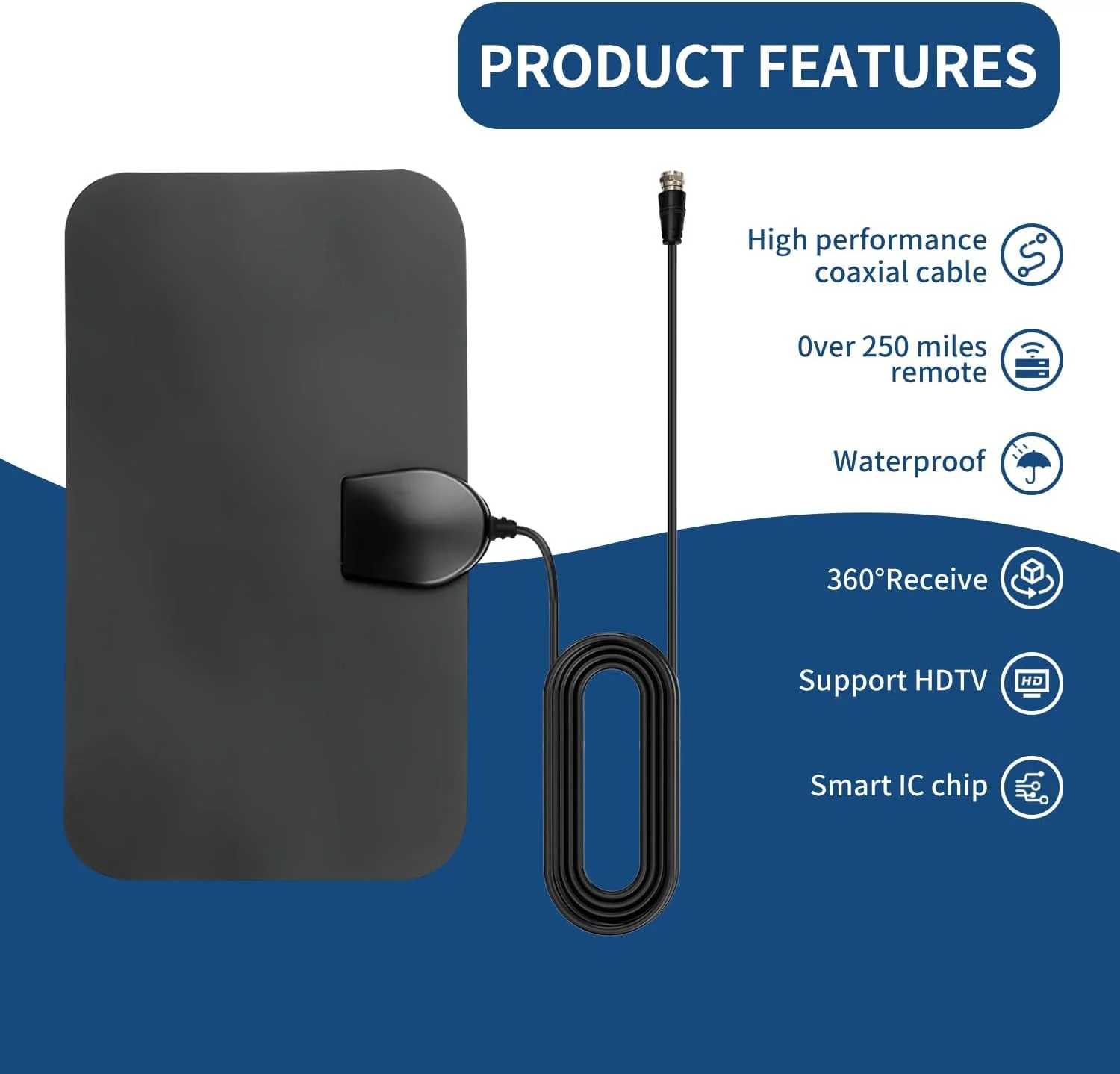 آنتن تلویزیون داخلی Verazquy، آنتن دیجیتال تلویزیون 4K تقویت شده با برد بلند 200+ مایل، کابل کواکسیال برای پشتیبانی از تلویزیون رایگان، تلویزیون HD محلی 4K 1080P و سایر وضوح کانال