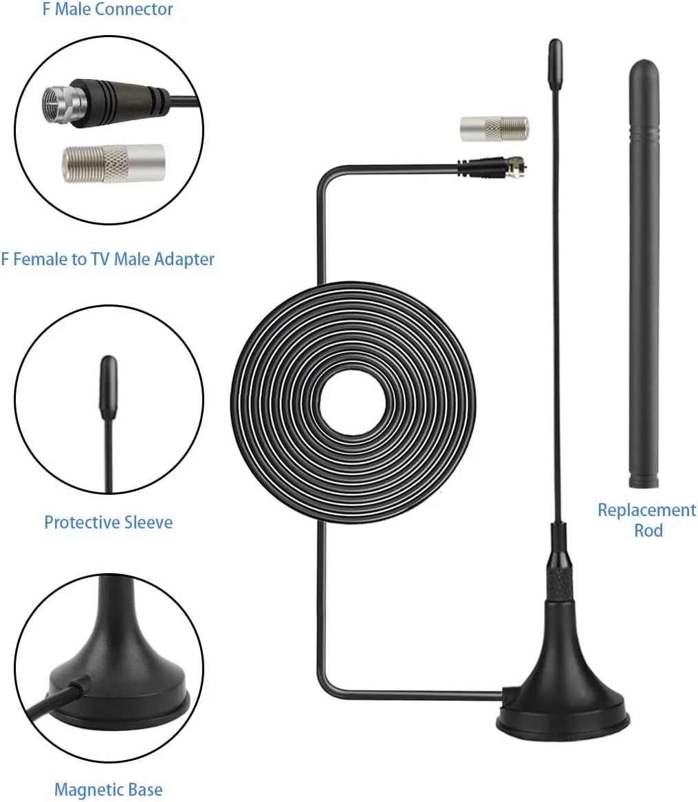 آنتن تلویزیون HDTV مدل Vecys DVB-T با قدرت 5dBi VHF UHF، آنتن تلویزیون کوچک با پایه مغناطیسی، آنتن داخلی تلویزیون تقویت شده 50 مایل برای کابل کواکسیال دیجیتال RG174 به طول 3 متر برای دستگاه های DVD DVB-T