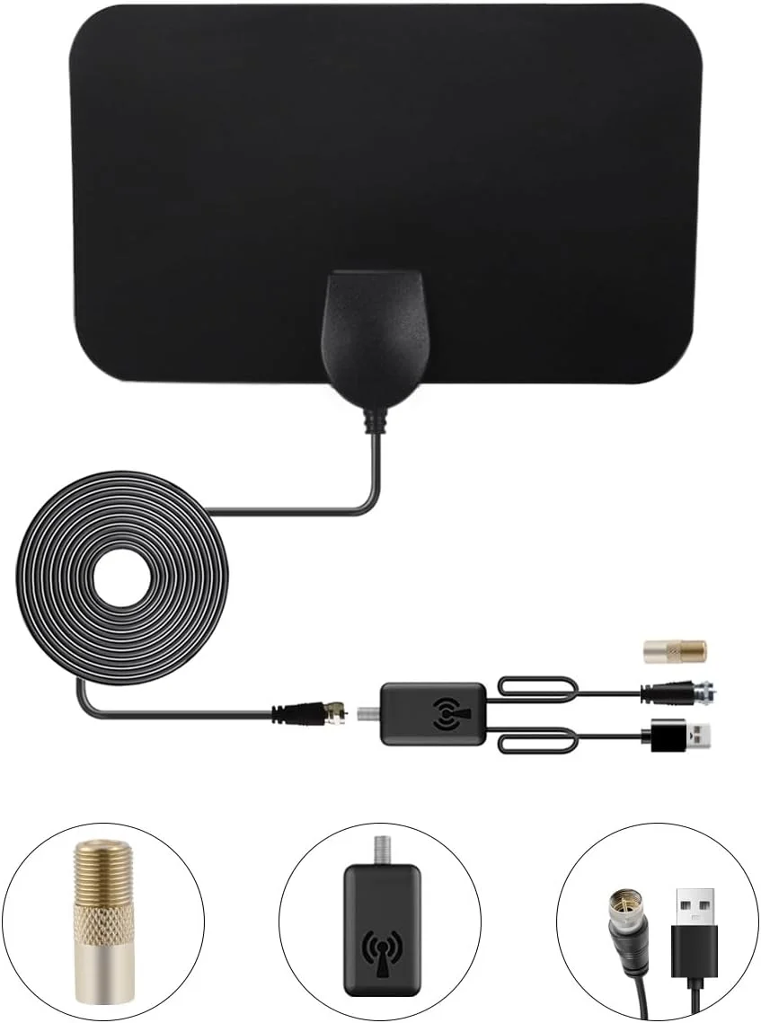 آنتن تلویزیون داخلی HDTV Vecys 10dBi، آنتن تلویزیون دیجیتال HD DVB-T2 با قابلیت نصب روی دیوار به همراه آداپتور F مادگی به TV نری، برد 80 مایل، آنتن مینی برای تلویزیون هوشمند، کابل کواکسیال RG174 3 متری، پشتیبانی از 1080p