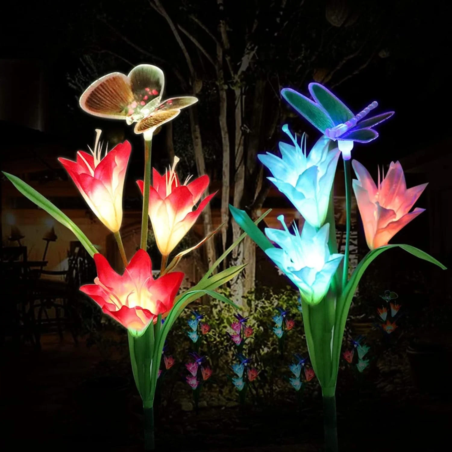 چراغ های حیاطی PULTRT LED خورشیدی طرح گل سوسن و سنجاقک، چراغ چمن با نور متغیر طرح گل رز و سوسن، دکور منظره (صورتی)