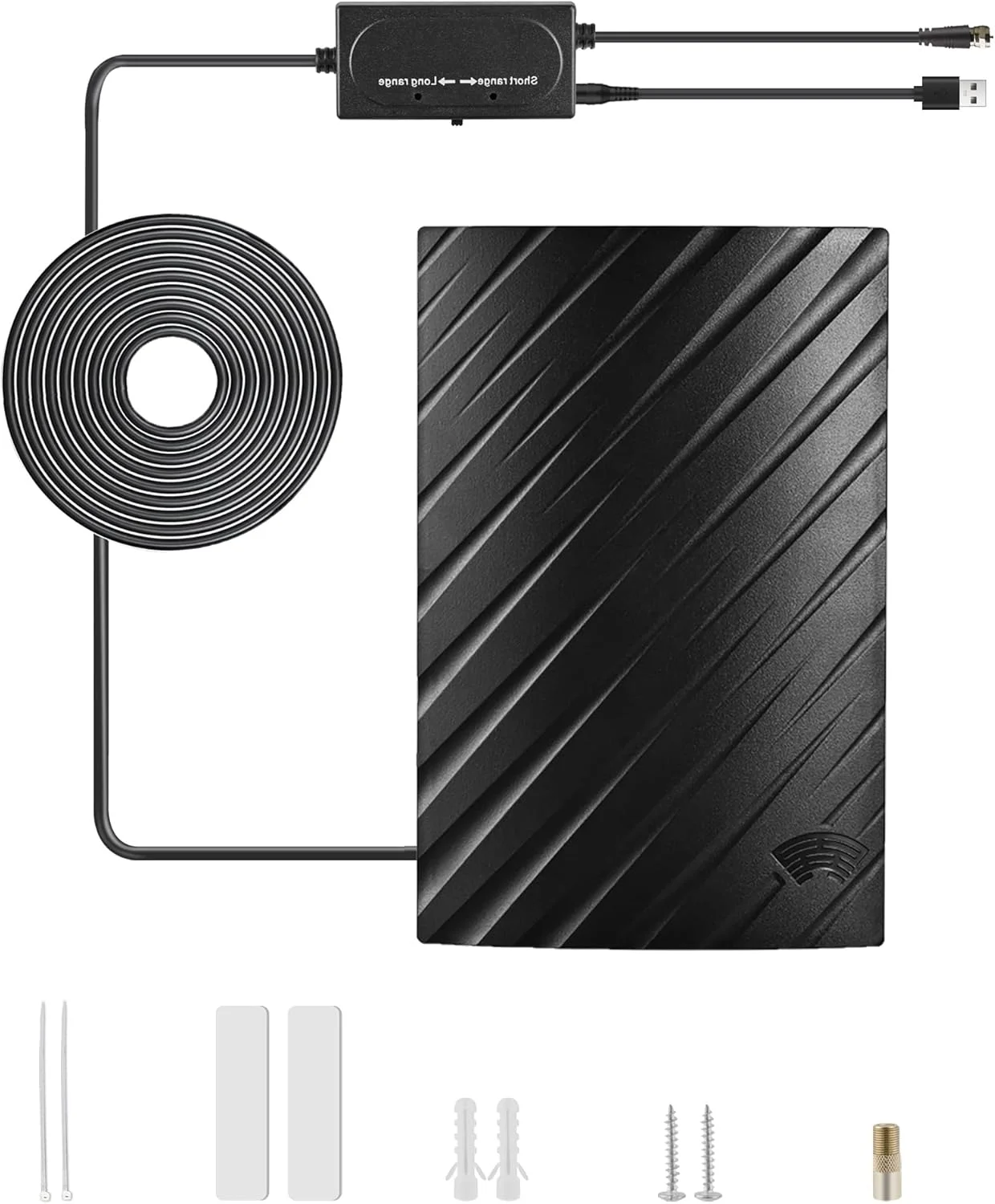 آنتن تلویزیون Vecys برای تلویزیون هوشمند 25dBi آنتن دیجیتال داخلی تلویزیون با تقویت کننده USB و آداپتور F مادگی به تلویزیون نری 500 مایل آنتن تلویزیون خانگی DVB-T2 کابل کواکسیال RG174 5m/16.4ft پشتیبانی از 4K 720p 1080p