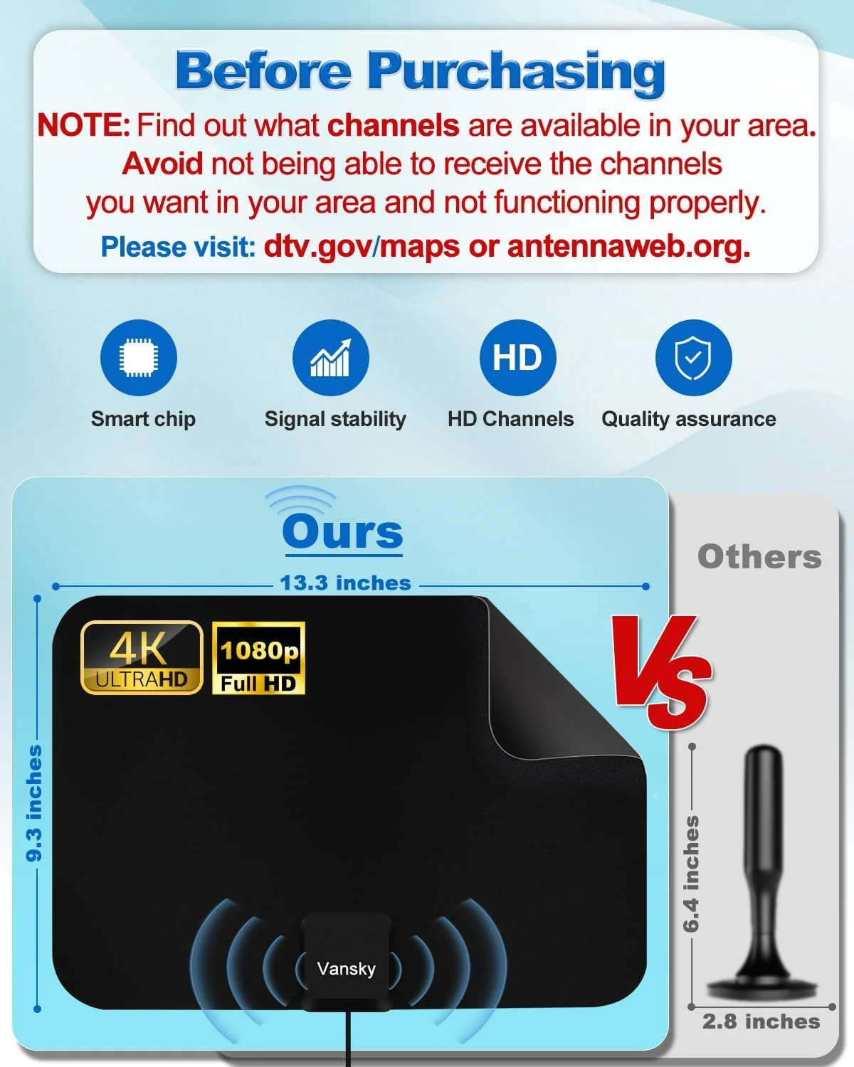 آنتن تلویزیون HDTV Vansky [ارتقا یافته 2019] - آنتن دیجیتال تقویت شده HD TV با برد 60-80 مایل، کانال های تلویزیونی محلی 4K HD VHF UHF Freeview با تقویت کننده سیگنال جداشدنی و کابل کواکسیال 16.5 فوتی