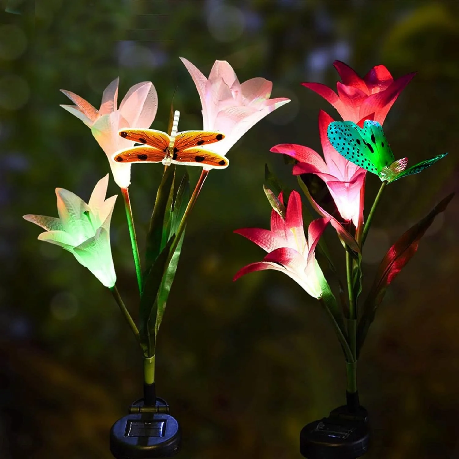 چراغ های حیاطی PULTRT LED خورشیدی طرح گل سوسن و سنجاقک، چراغ چمن با نور متغیر طرح گل رز و سوسن، دکور منظره (صورتی)
