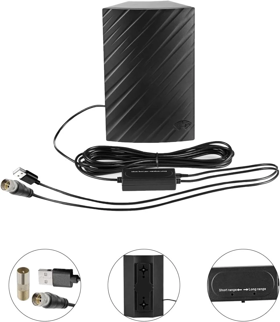 آنتن تلویزیون Vecys برای تلویزیون هوشمند 25dBi آنتن دیجیتال داخلی تلویزیون با تقویت کننده USB و آداپتور F مادگی به تلویزیون نری 500 مایل آنتن تلویزیون خانگی DVB-T2 کابل کواکسیال RG174 5m/16.4ft پشتیبانی از 4K 720p 1080p