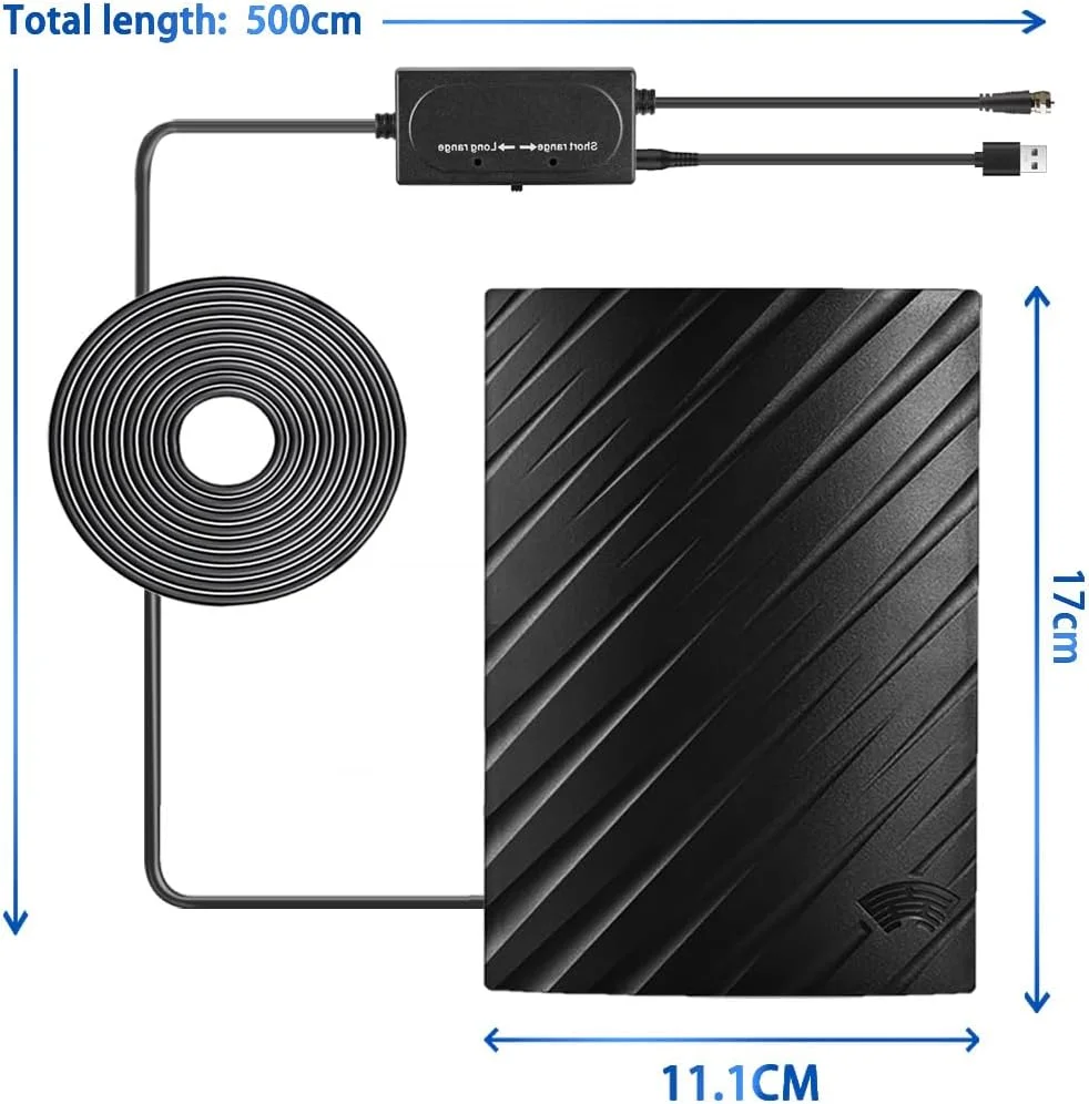 آنتن تلویزیون Vecys برای تلویزیون هوشمند 25dBi آنتن دیجیتال داخلی تلویزیون با تقویت کننده USB و آداپتور F مادگی به تلویزیون نری 500 مایل آنتن تلویزیون خانگی DVB-T2 کابل کواکسیال RG174 5m/16.4ft پشتیبانی از 4K 720p 1080p