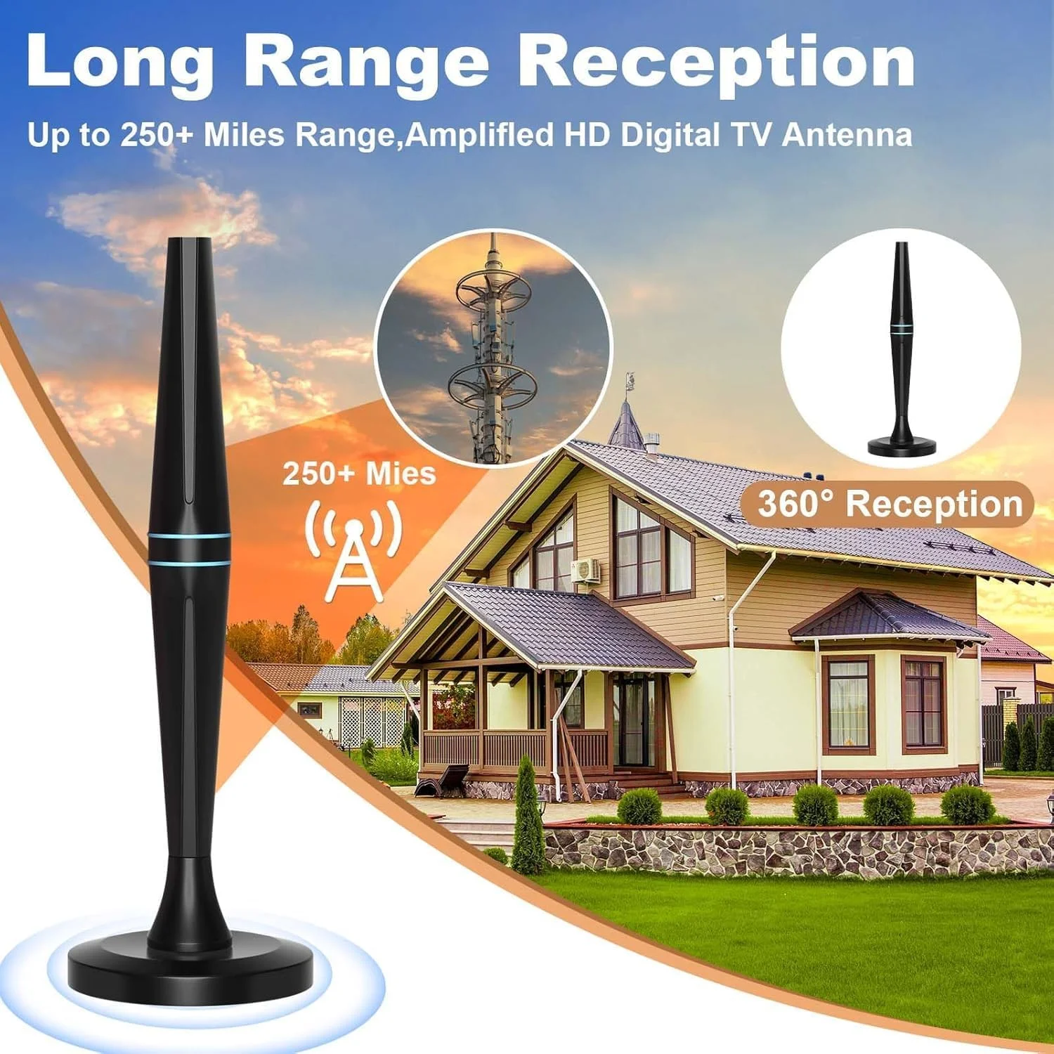 آنتن هوایی مکعبی مسافرتی TV - آنتن دیجیتال داخلی با برد بلند 250+ مایل - آنتن HD TV تقویت شده داخلی برای پشتیبانی از Freeview کانال های محلی 4K 1080P با تقویت کننده و کابل کواکسیال 16.3 فوت