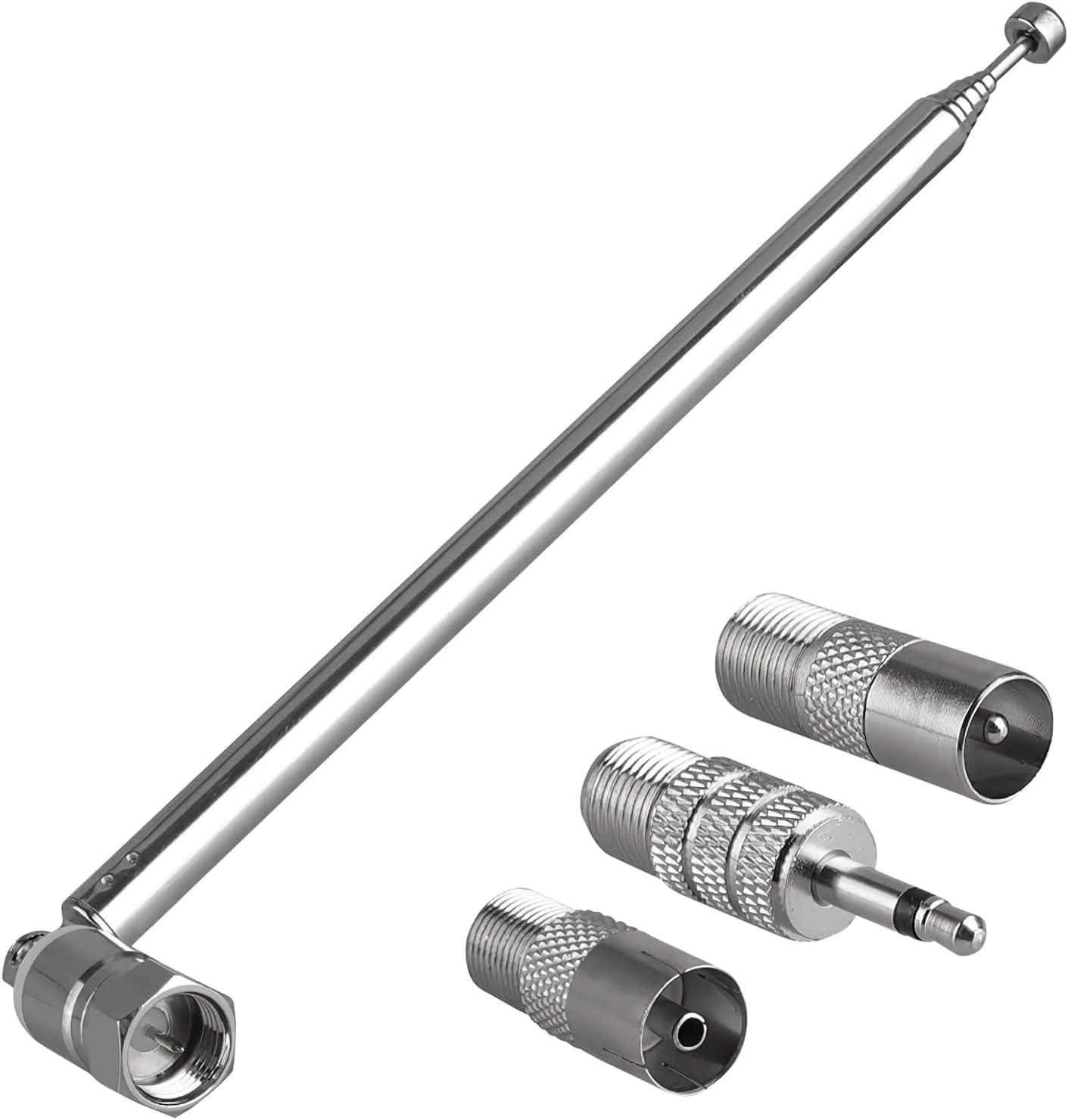 آنتن رادیویی تلسکوپی DAB FM با امپدانس 75 اهم، مناسب برای استفاده در داخل خانه، جایگزین فلزی آنتن FM، طول 75 سانتی متر، 5 بخش، دارای کانکتور F-Type و نری 3.5 میلی متری، مناسب برای رادیوهای رومیزی، تلویزیون، سیستم های صوتی HiFi AV استریو و گیرنده های رادیویی مینی سیستم