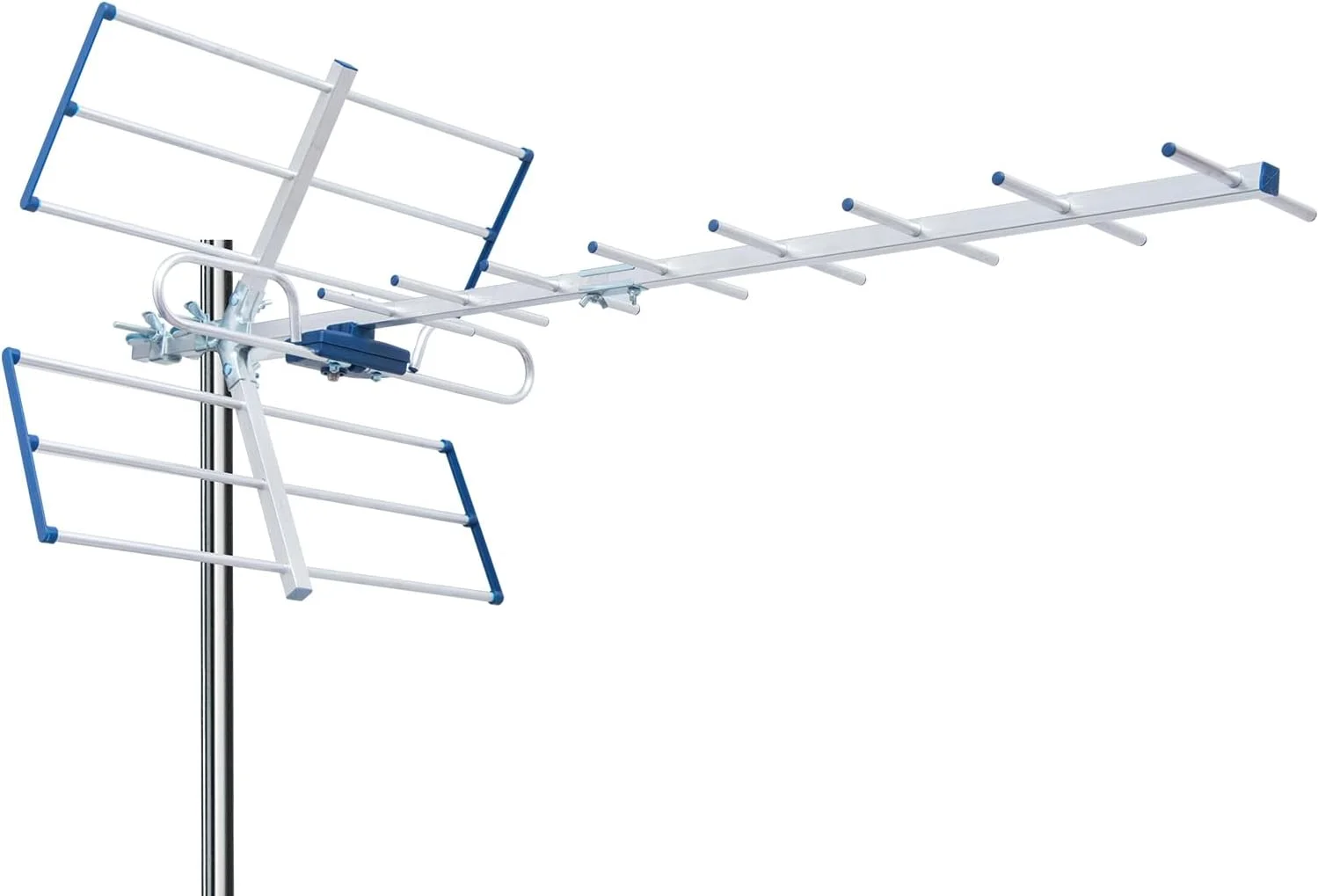 آنتن خارجی زمینی EDISION YAGI 12db UHF 21-48، فیلتر یکپارچه 5G LTE، دریافت TNT، امکان دریافت سیگنال های DVB-T/T2، فرکانس های 470-694MHz، طول 101cm، LTE700، آبی