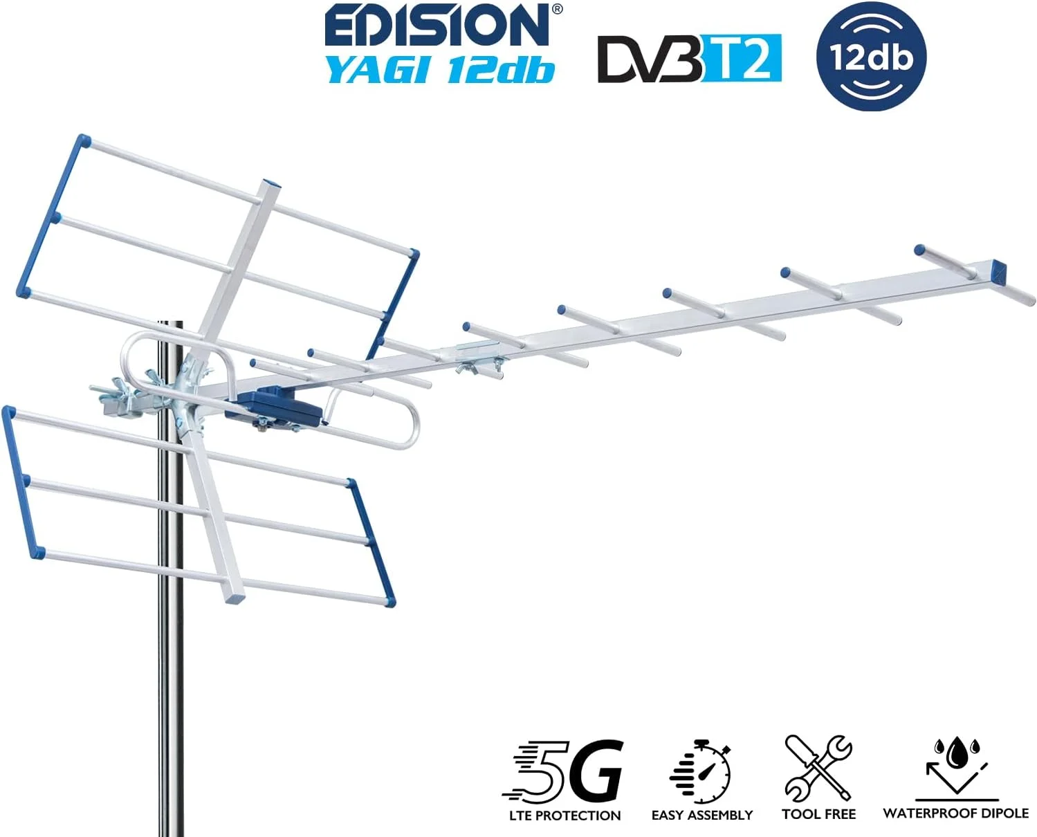 آنتن خارجی زمینی EDISION YAGI 12db UHF 21-48، فیلتر یکپارچه 5G LTE، دریافت TNT، امکان دریافت سیگنال های DVB-T/T2، فرکانس های 470-694MHz، طول 101cm، LTE700، آبی