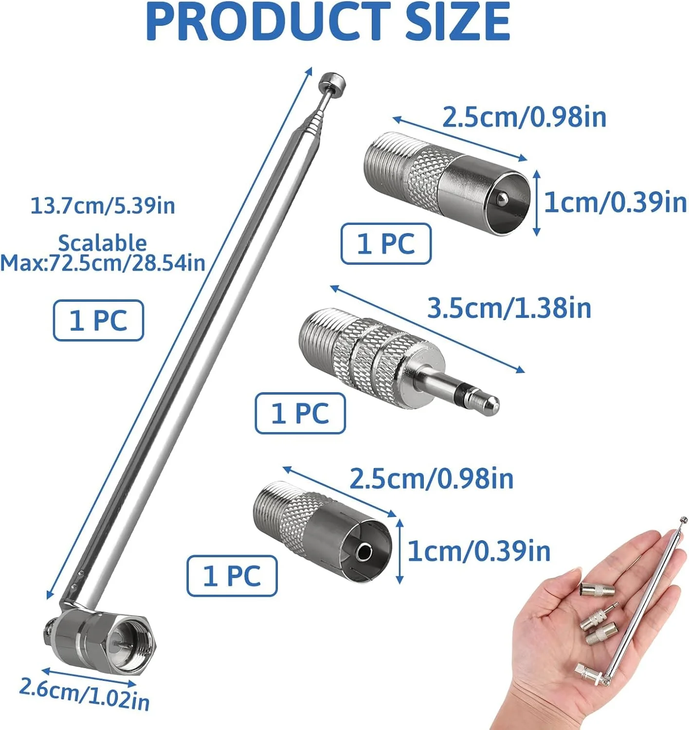 آنتن رادیویی تلسکوپی DAB FM با امپدانس 75 اهم، مناسب برای استفاده در داخل خانه، جایگزین فلزی آنتن FM، طول 75 سانتی متر، 5 بخش، دارای کانکتور F-Type و نری 3.5 میلی متری، مناسب برای رادیوهای رومیزی، تلویزیون، سیستم های صوتی HiFi AV استریو و گیرنده های رادیویی مینی سیستم