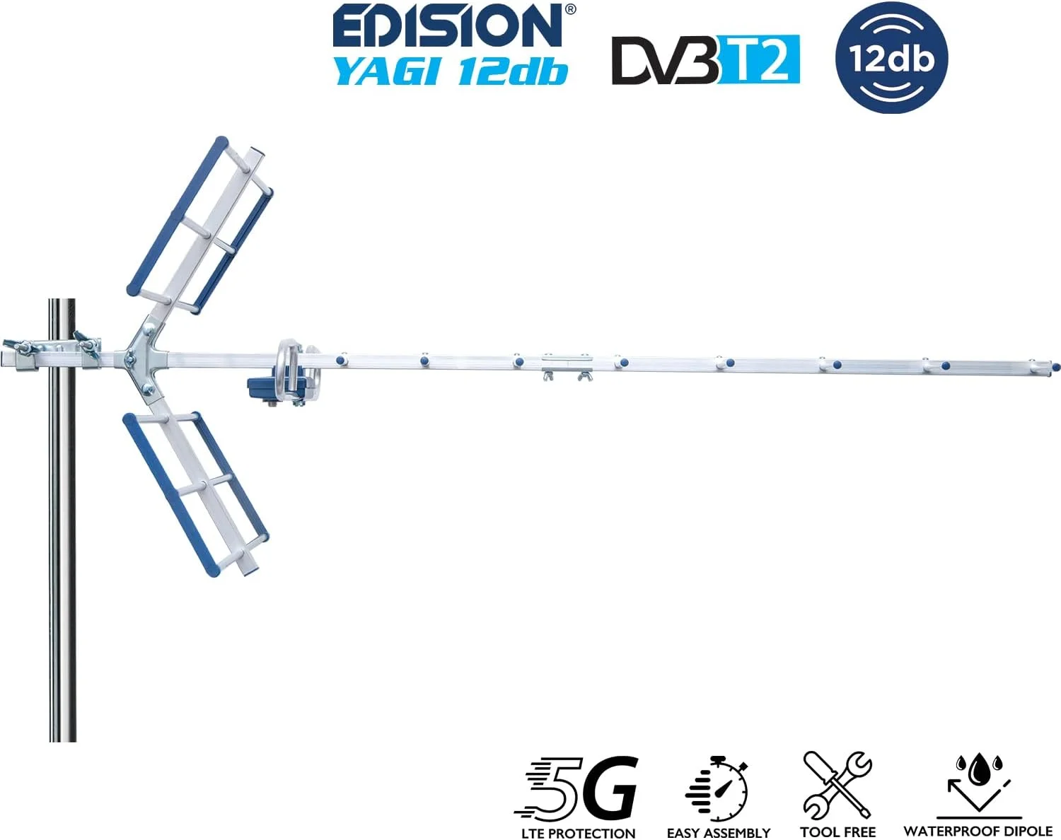 آنتن خارجی زمینی EDISION YAGI 12db UHF 21-48، فیلتر یکپارچه 5G LTE، دریافت TNT، امکان دریافت سیگنال های DVB-T/T2، فرکانس های 470-694MHz، طول 101cm، LTE700، آبی