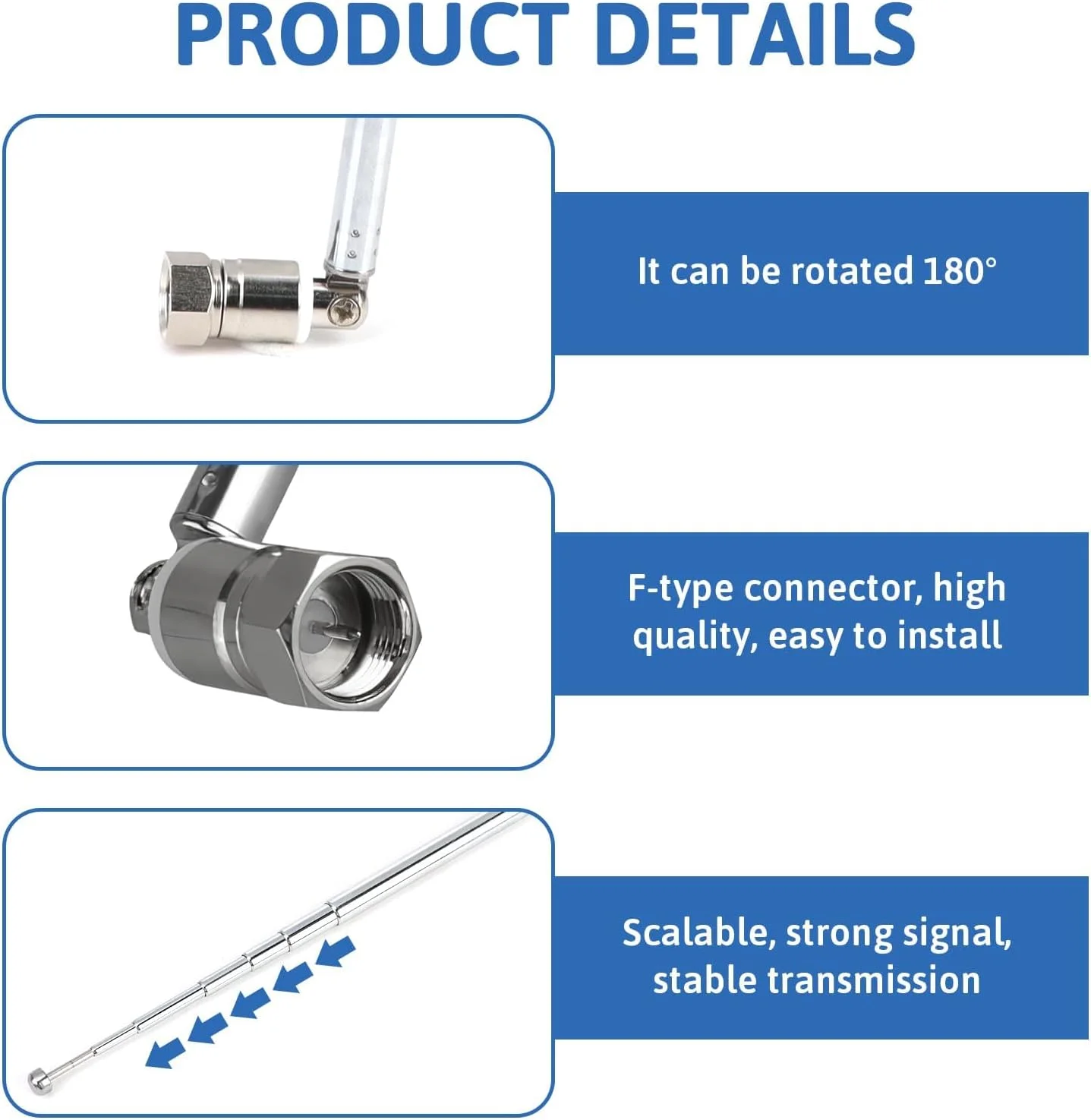 آنتن رادیویی تلسکوپی DAB FM با امپدانس 75 اهم، مناسب برای استفاده در داخل خانه، جایگزین فلزی آنتن FM، طول 75 سانتی متر، 5 بخش، دارای کانکتور F-Type و نری 3.5 میلی متری، مناسب برای رادیوهای رومیزی، تلویزیون، سیستم های صوتی HiFi AV استریو و گیرنده های رادیویی مینی سیستم