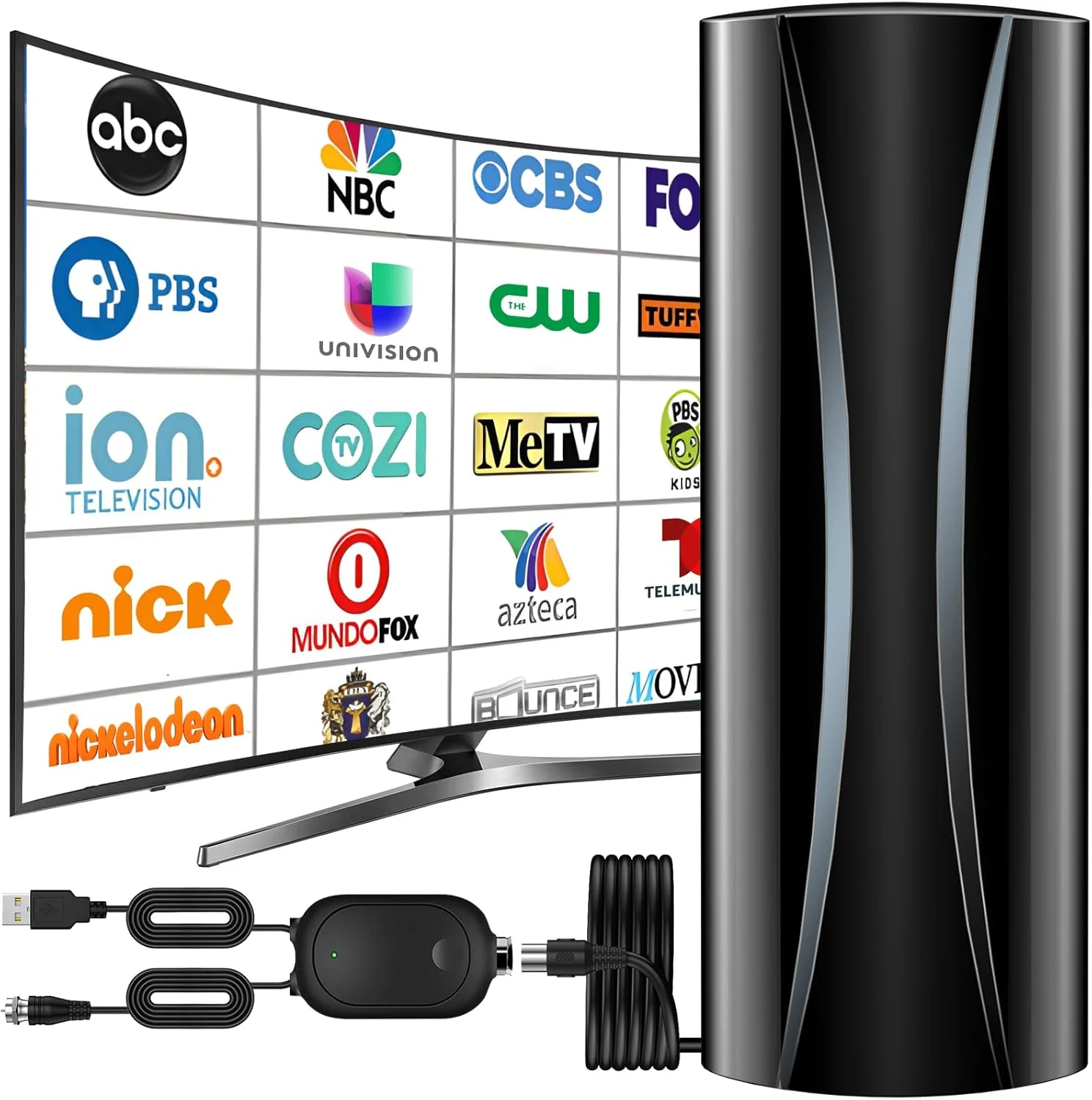 آنتن تلویزیون دیجیتال فوق العاده قوی 2025، آنتن تلویزیون با برد بیش از 1500 مایل برای تلویزیون هوشمند داخلی، آنتن تلویزیون داخلی با گیرندگی 360 درجه با تقویت کننده سیگنال، پشتیبانی از 4K 8K 1080p برای همه تلویزیون ها - کابل کواکسیال ضخیم 36 فوتی