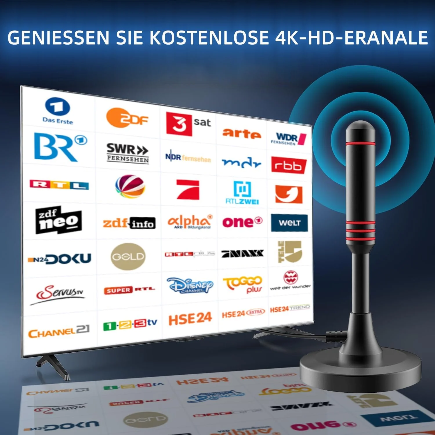 آنتن DVB-T/DVB-T2 با تقویت کننده - آنتن داخلی HDTV برای تلویزیون ها، برد بلند و دریافت 360 درجه، با پایه مغناطیسی - کابل 5 متری، پشتیبانی از کانال های 4K HD و همه تلویزیون ها