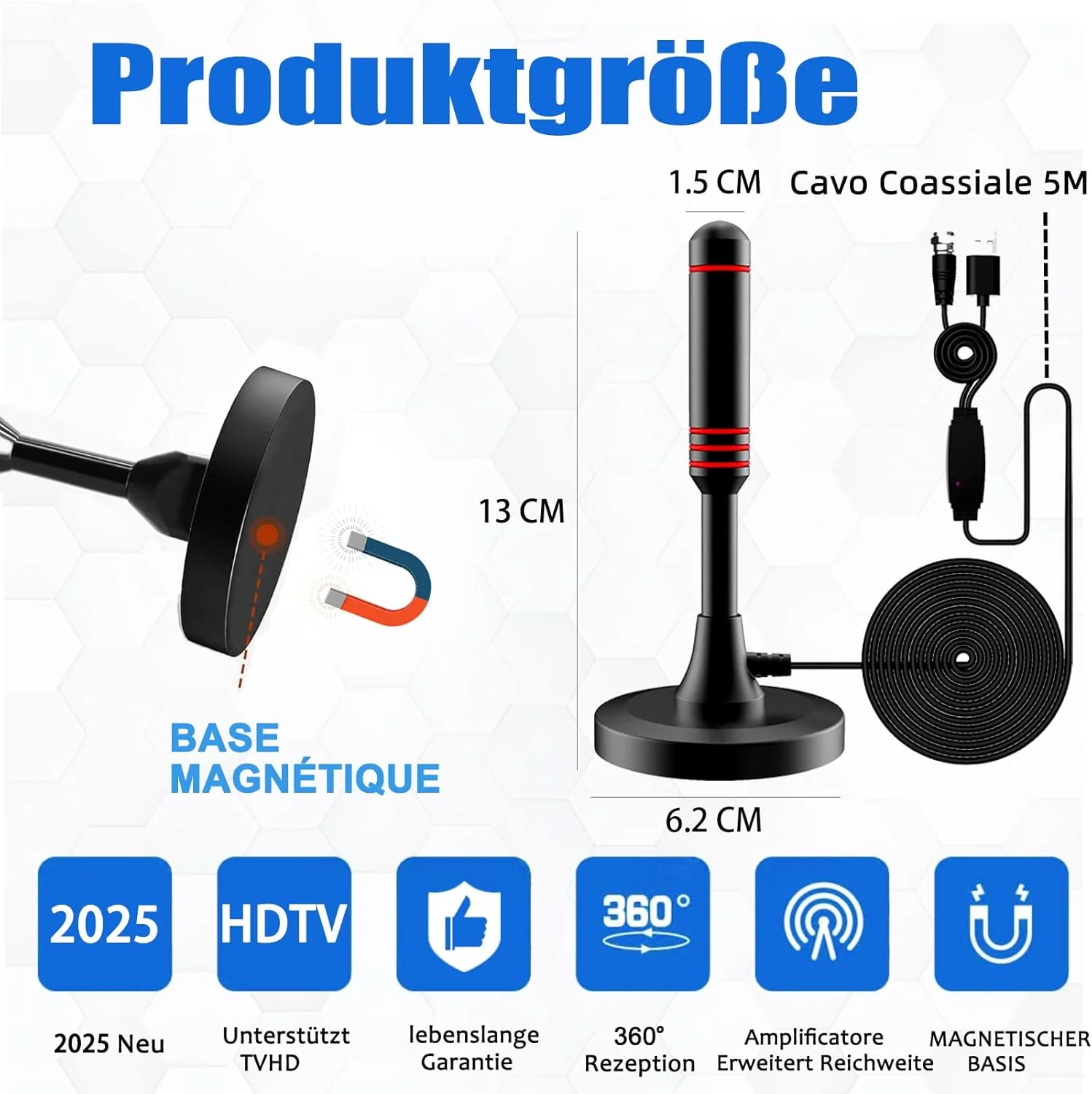 آنتن DVB-T/DVB-T2 با تقویت کننده - آنتن داخلی HDTV برای تلویزیون ها، برد بلند و دریافت 360 درجه، با پایه مغناطیسی - کابل 5 متری، پشتیبانی از کانال های 4K HD و همه تلویزیون ها