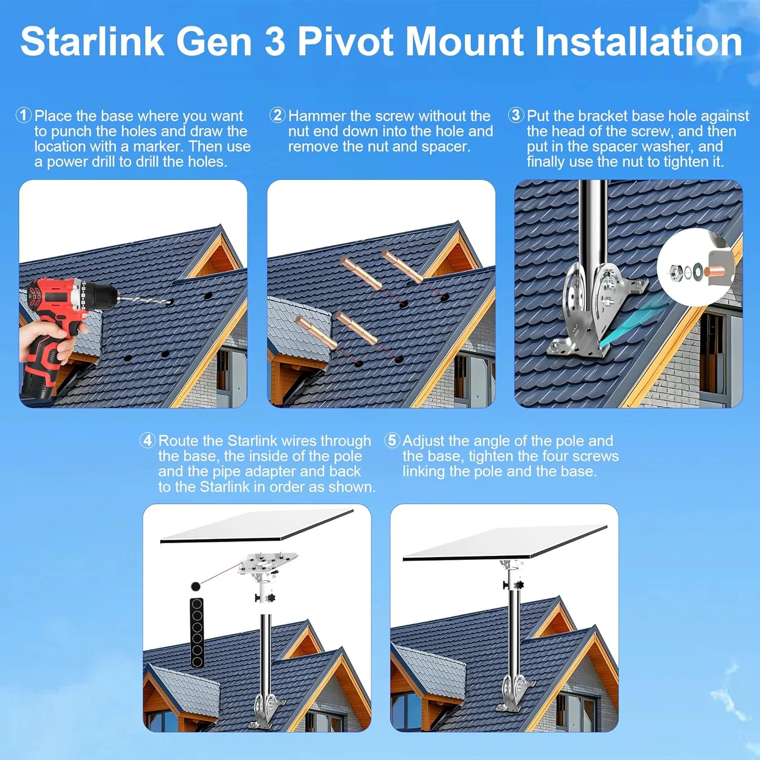 پایه سقفی Starlink نسل 3، پایه Starlink نسل 3، زاویه شیب قابل تنظیم 160 درجه، دارای آداپتور لوله Starlink، سازگار با آنتن استاندارد Starlink نسل 3 (V3)