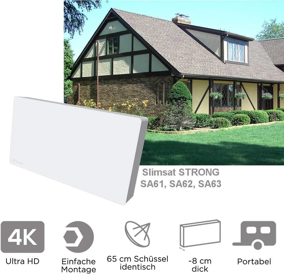 آنتن ماهواره ای تخت تک سوزنه STRONG SlimSat SA 61 [دارای LNB یکپارچه، SAT، برای 1 مشترک، شامل براکت، آنتن، دیش ماهواره] سفید