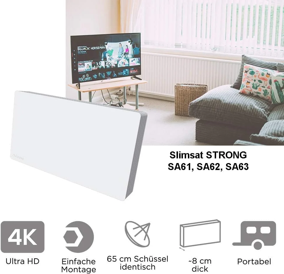 آنتن ماهواره ای تخت تک سوزنه STRONG SlimSat SA 61 [دارای LNB یکپارچه، SAT، برای 1 مشترک، شامل براکت، آنتن، دیش ماهواره] سفید