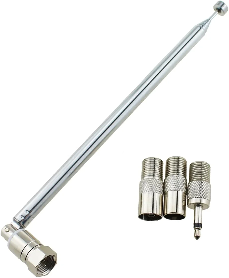 آنتن رادیویی FM فلزی نقره ای RLECS طول 168 میلی متر، آنتن تلسکوپی قابل تنظیم 75 اهم با کانکتور نر نوع F به همراه 3 کانکتور برای گیرنده های استریو رادیویی خانگی