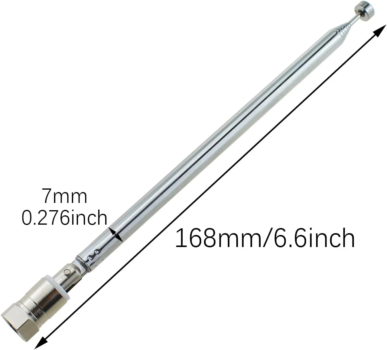 آنتن رادیویی FM فلزی نقره ای RLECS طول 168 میلی متر، آنتن تلسکوپی قابل تنظیم 75 اهم با کانکتور نر نوع F به همراه 3 کانکتور برای گیرنده های استریو رادیویی خانگی