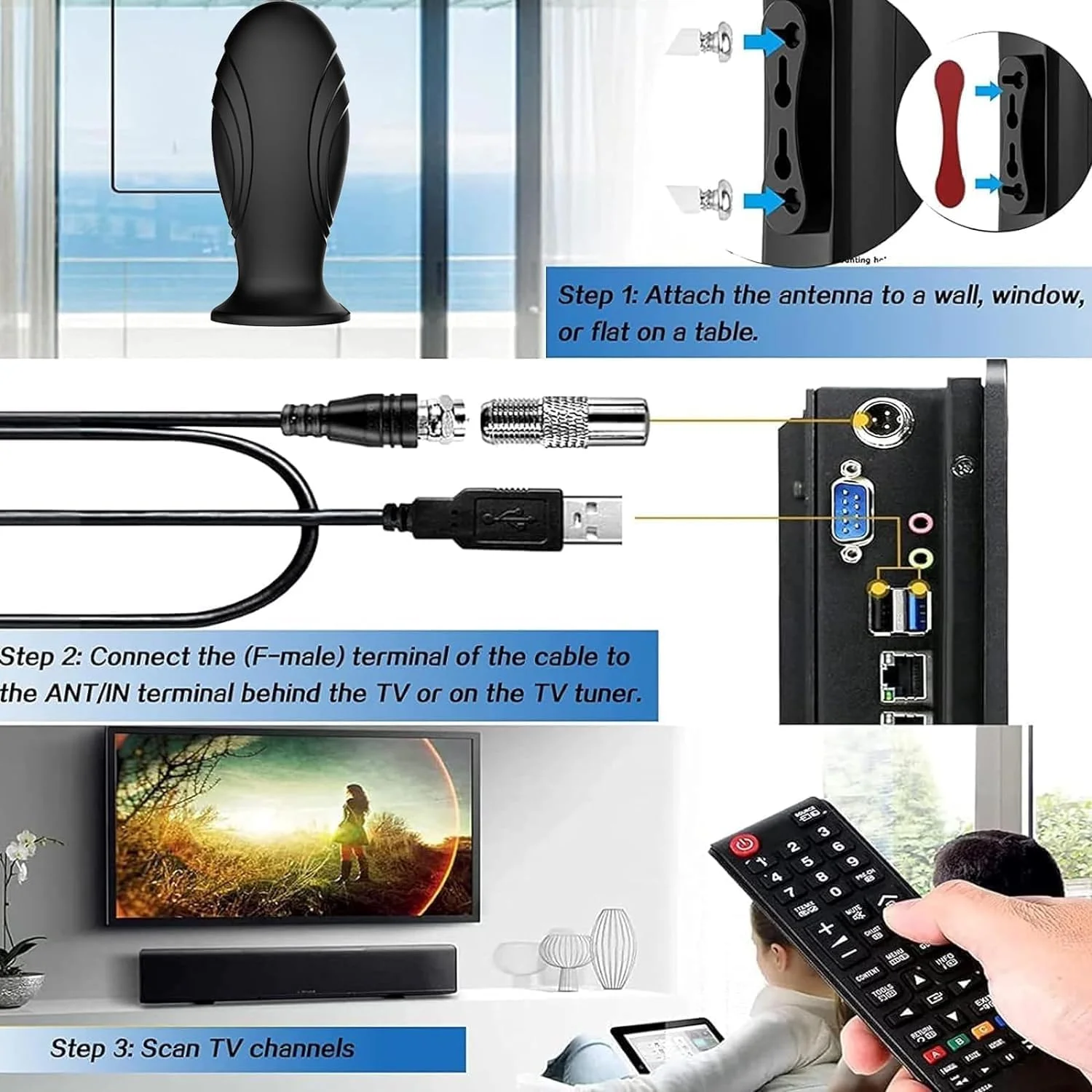 آنتن تلویزیون، آنتن داخلی برای تلویزیون هوشمند، با برد بلند و مناسب برای تمام تلویزیون های هوشمند، آنتن دیجیتال HD با تقویت کننده سیگنال برای کانال های محلی، پشتیبانی از 4K 1080p - ارتقاء 2025