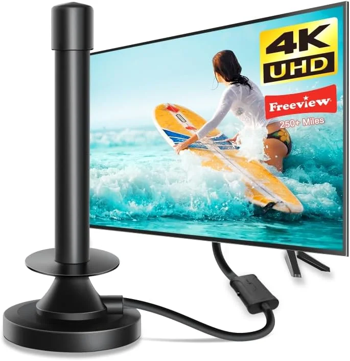 آنتن تلویزیون - آنتن دیجیتال داخلی با برد بیش از 250 مایل - آنتن HD تقویت شده داخلی تلویزیون برای پشتیبانی از تلویزیون رایگان 4K 1080P کانال های تلویزیونی محلی با تقویت کننده و کابل کواکسیال 16.3 فوت