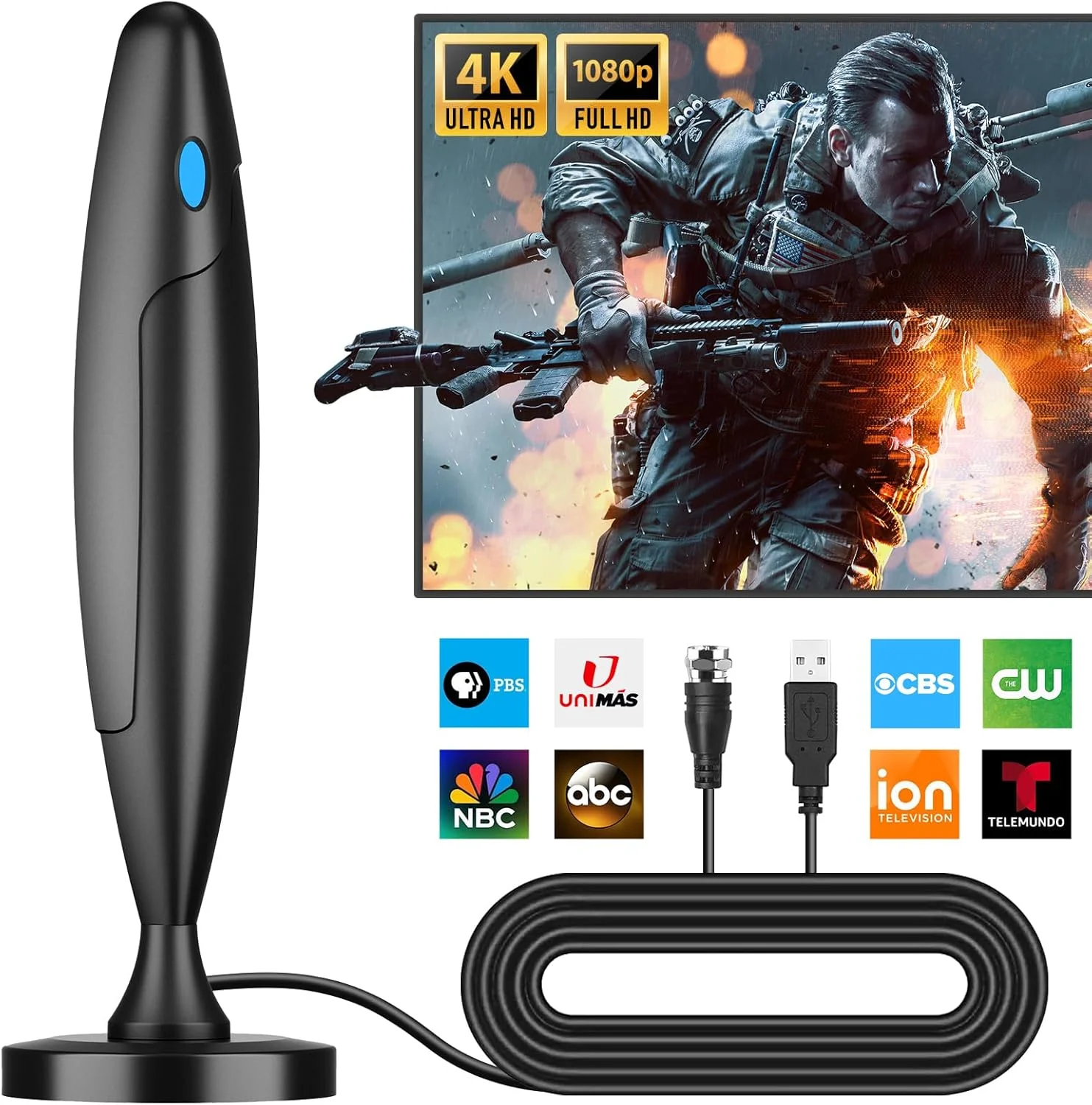 آنتن تلویزیون برای تلویزیون هوشمند، آنتن تلویزیون داخلی/خارجی، آنتن HD با برد بلند، آنتن تلویزیون دیجیتال از 4k و 1080p برای کانال های محلی تلویزیون هوشمند پشتیبانی می کند