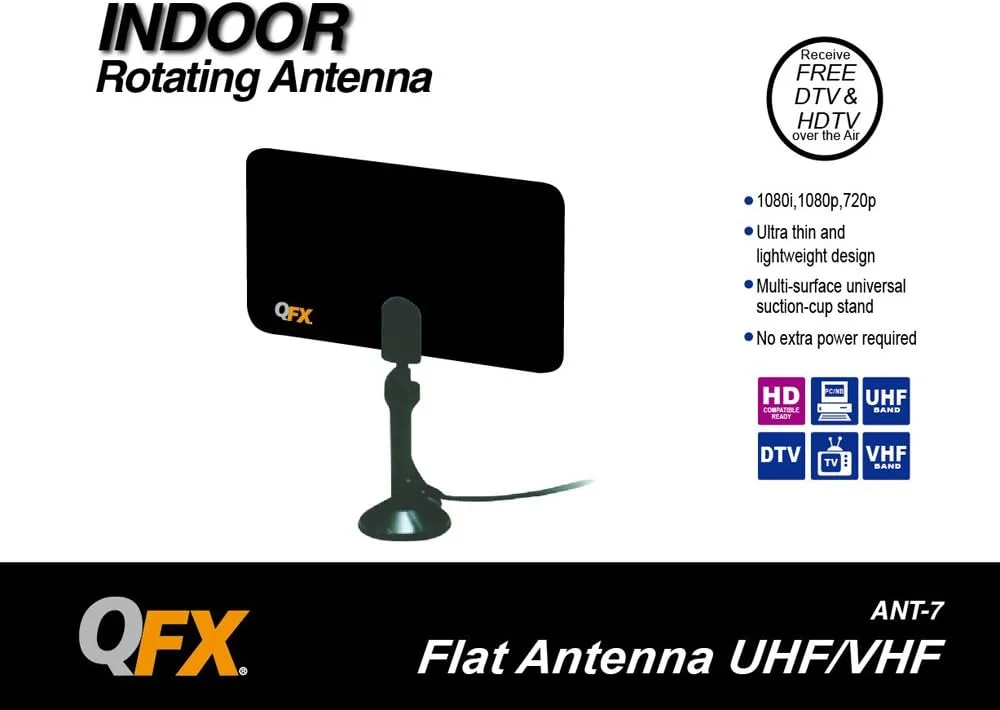 آنتن داخلی چرخان صفحه تخت HD TV و تلویزیون دیجیتال QFX ANT-7 BLK/BL با پایه مکنده و برد 35 مایل - آماده DTV، VHF، UHF، مشکی