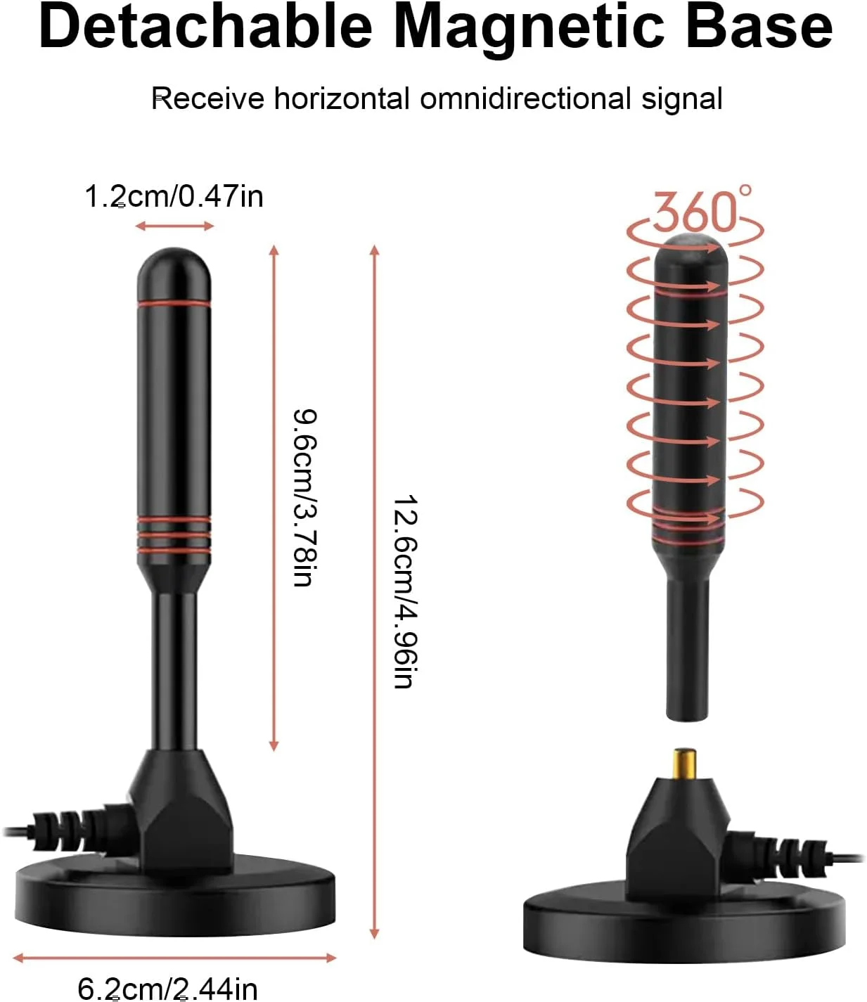 آنتن تلویزیون قابل حمل داخلی/خارجی با پایه مغناطیسی، گیرندگی 360 درجه آنتن تلویزیون دیجیتال Freeview با بهره بالا