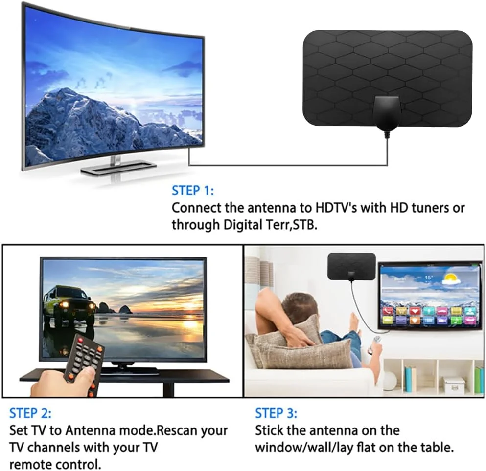 آنتن تلویزیون دیجیتال داخلی، آنتن تلویزیون قابل حمل برای کانال های محلی، گیرندگی 360 درجه، پشتیبانی از تلویزیون هوشمند 4K 1080p با تقویت کننده سیگنال برای کانال های رایگان