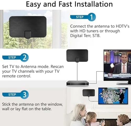 آنتن تلویزیون قابل حمل، آنتن تلویزیون دیجیتال برای تلویزیون های هوشمند/قدیمی، کانال های محلی، پشتیبانی از 4K 1080P، تقویت کننده سیگنال، کابل کواکسیال 10 فوتی، آنتن تلویزیون HD داخلی