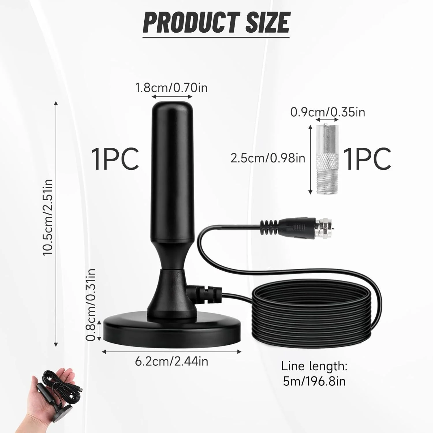 آنتن تلویزیون داخلی، آنتن های تلویزیون داخلی قابل حمل با پایه مغناطیسی، برد بلند 280+ مایل 360 درجه همه جهته با بهره بالا، آنتن دیجیتال Freeview 4K 1080P، ایده آل برای خانه، RV، کاروان، دریایی (5 متر)